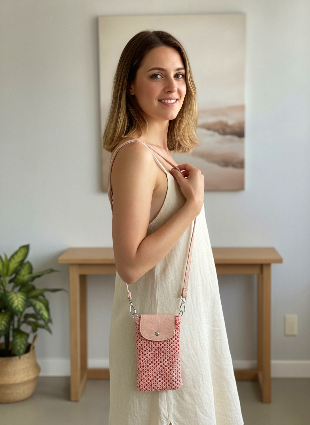Collezione estiva, Borsa porta cellulare in pelle e paglia, Made in Italy, art. 112574