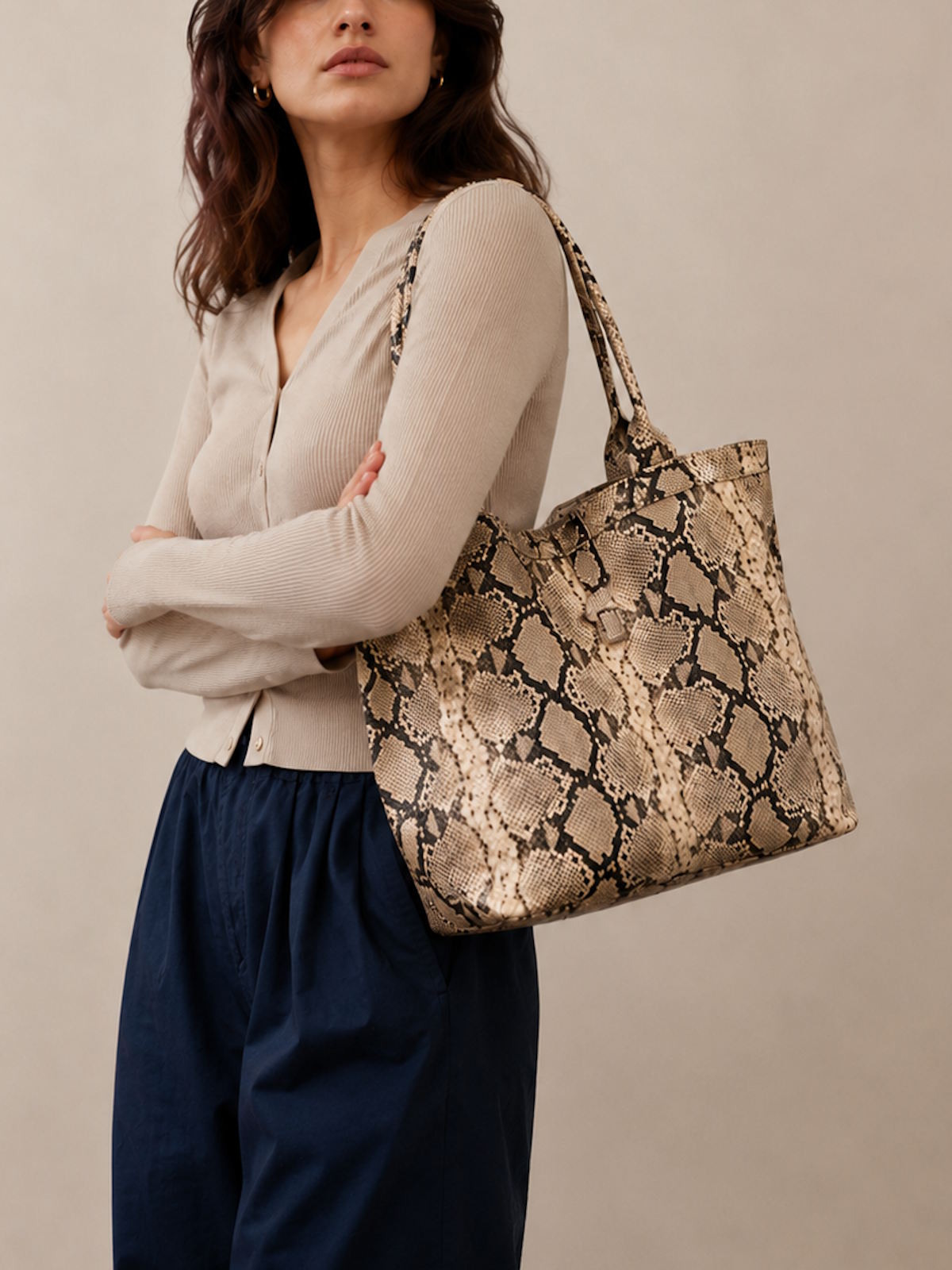 Genuine Leather Snake Print Tote Bag for Women, Large, Made in Italy, art. 112674