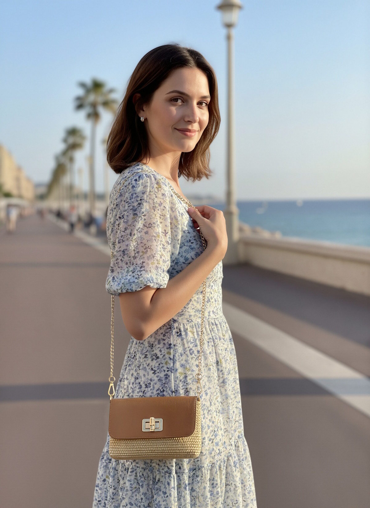 Summer collection, Genuine Leather and Straw Mini Handbag with Chian, Made in Italy, art. 112721
