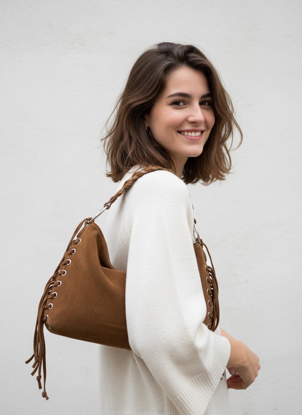 Suede Leather Lace-up Detail Slouchy Shoulder Bag, Made in Italy, art. 112761