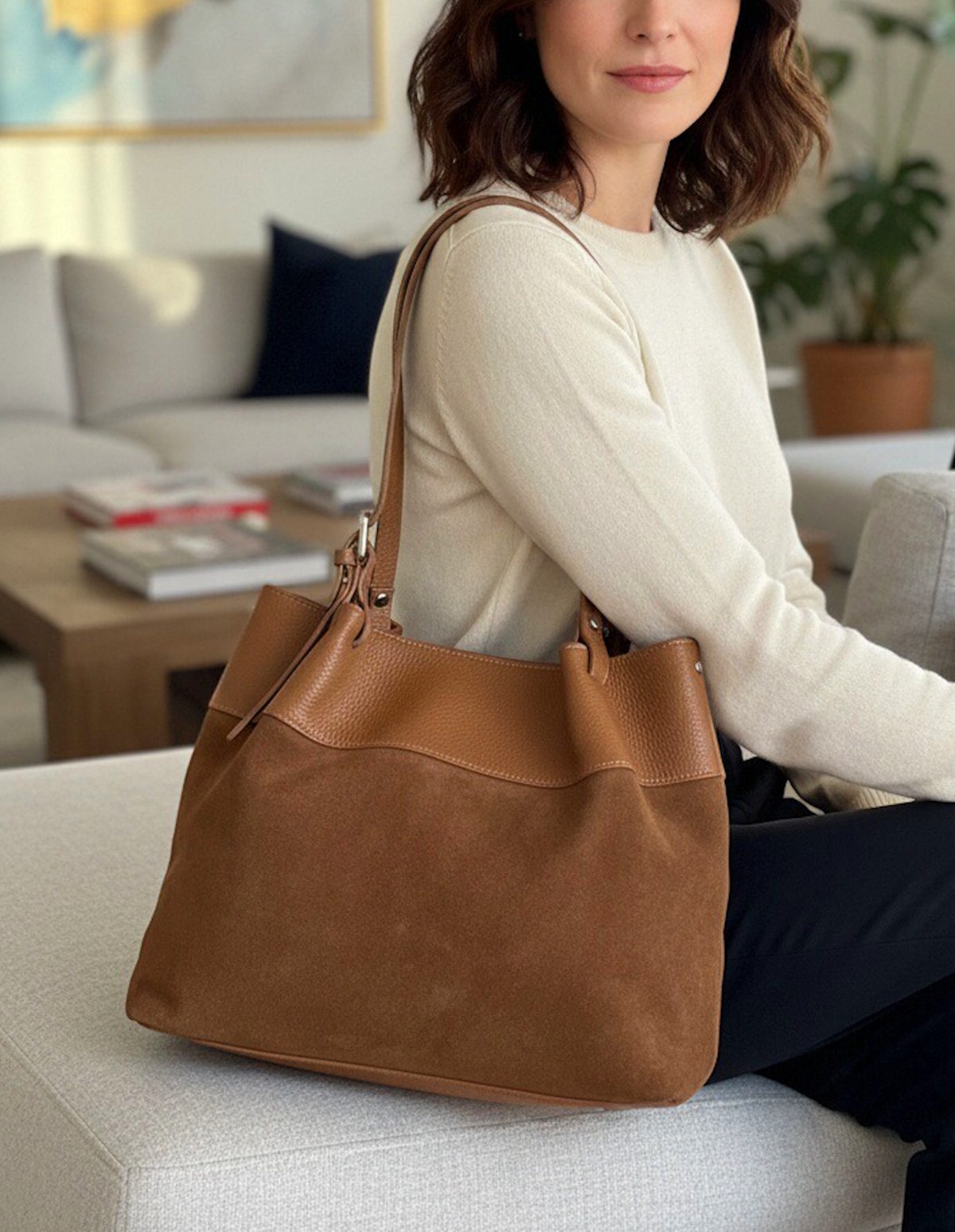 Suede and Genuine Leather Shoulder Bag, Made in Italy, art. 112765