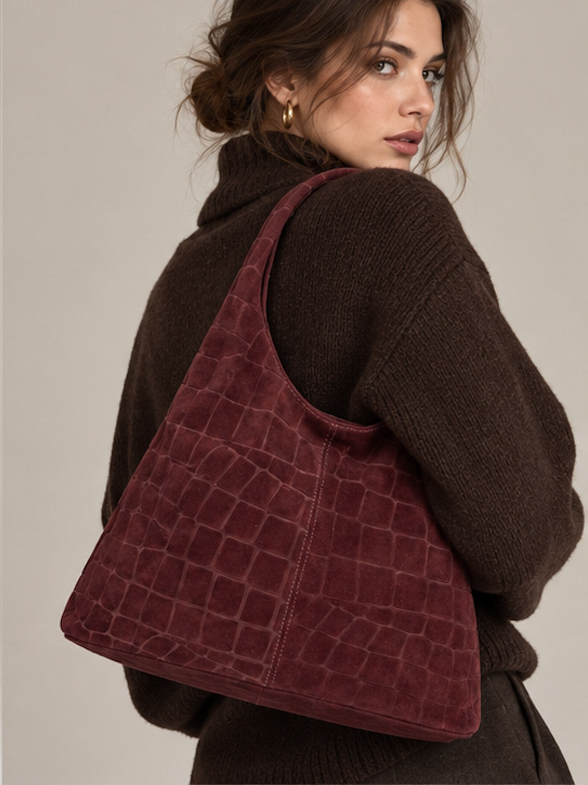 Genuine Suede Croc-Embossed Hobo Bag, Made in Italy, art. 112810