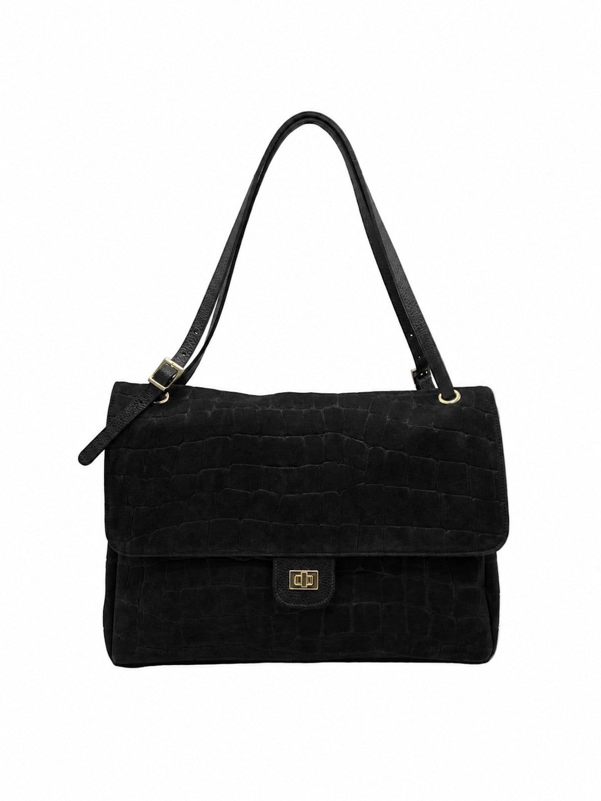 Large Genuine Leather & Suede Croc-Embossed Shoulder Bag, Made in Italy, art. 112783