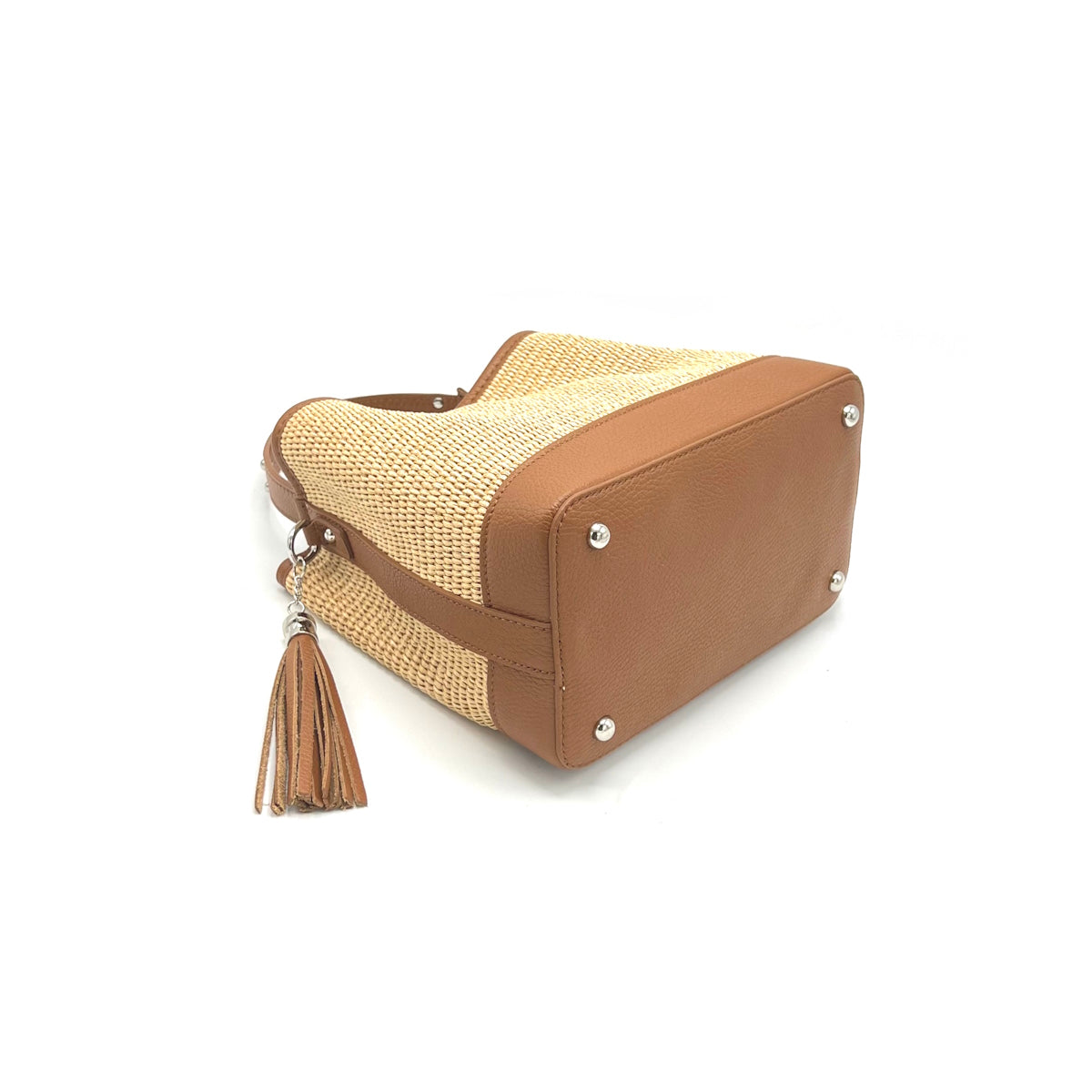 Summer collection, raffia and genuine leather bucket bag, Made in Italy, art. 112595