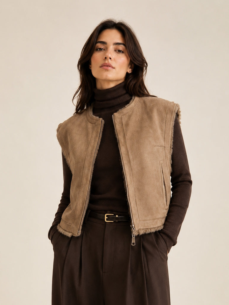 Reversible Plush Faux Fur & Faux Suede Cropped Zip-Up Vest, Fall/Winter, Art. XY-01.532