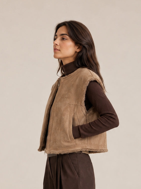 Reversible Plush Faux Fur & Faux Suede Cropped Zip-Up Vest, Fall/Winter, Art. XY-01.532