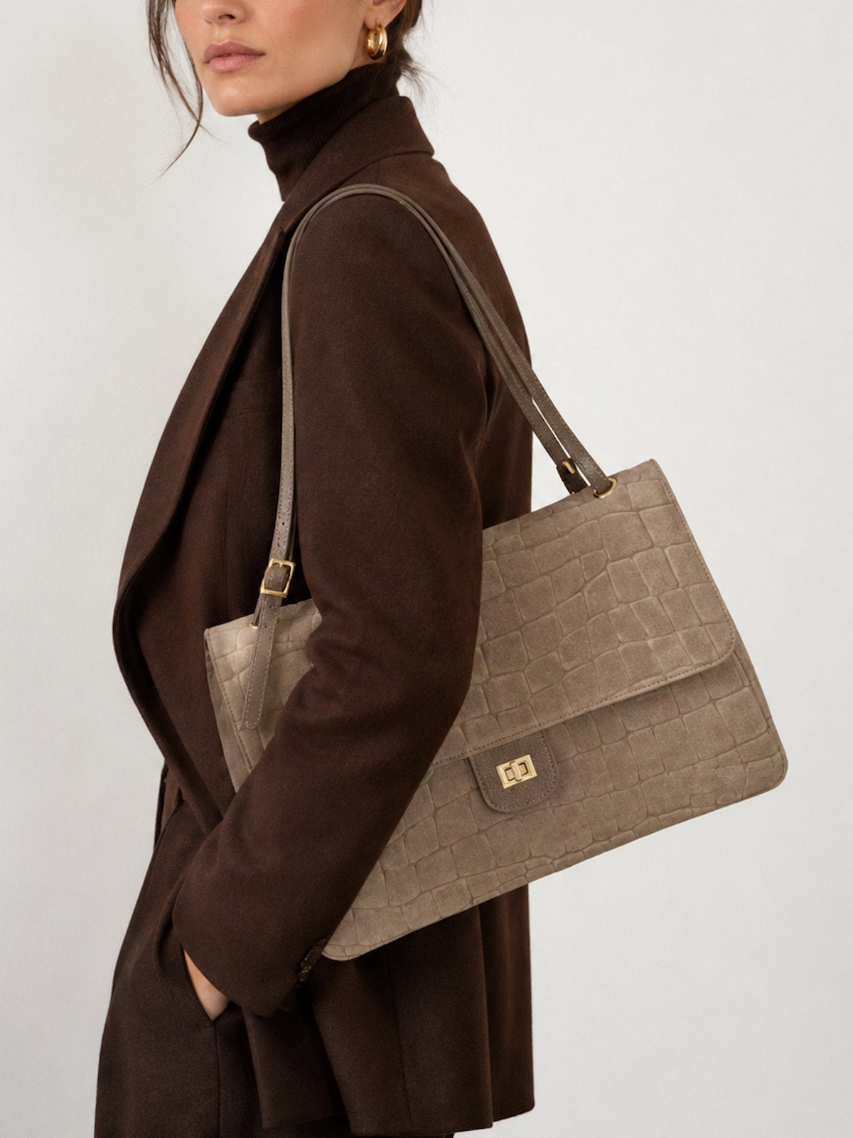 Large Genuine Leather & Suede Croc-Embossed Shoulder Bag, Made in Italy, art. 112783