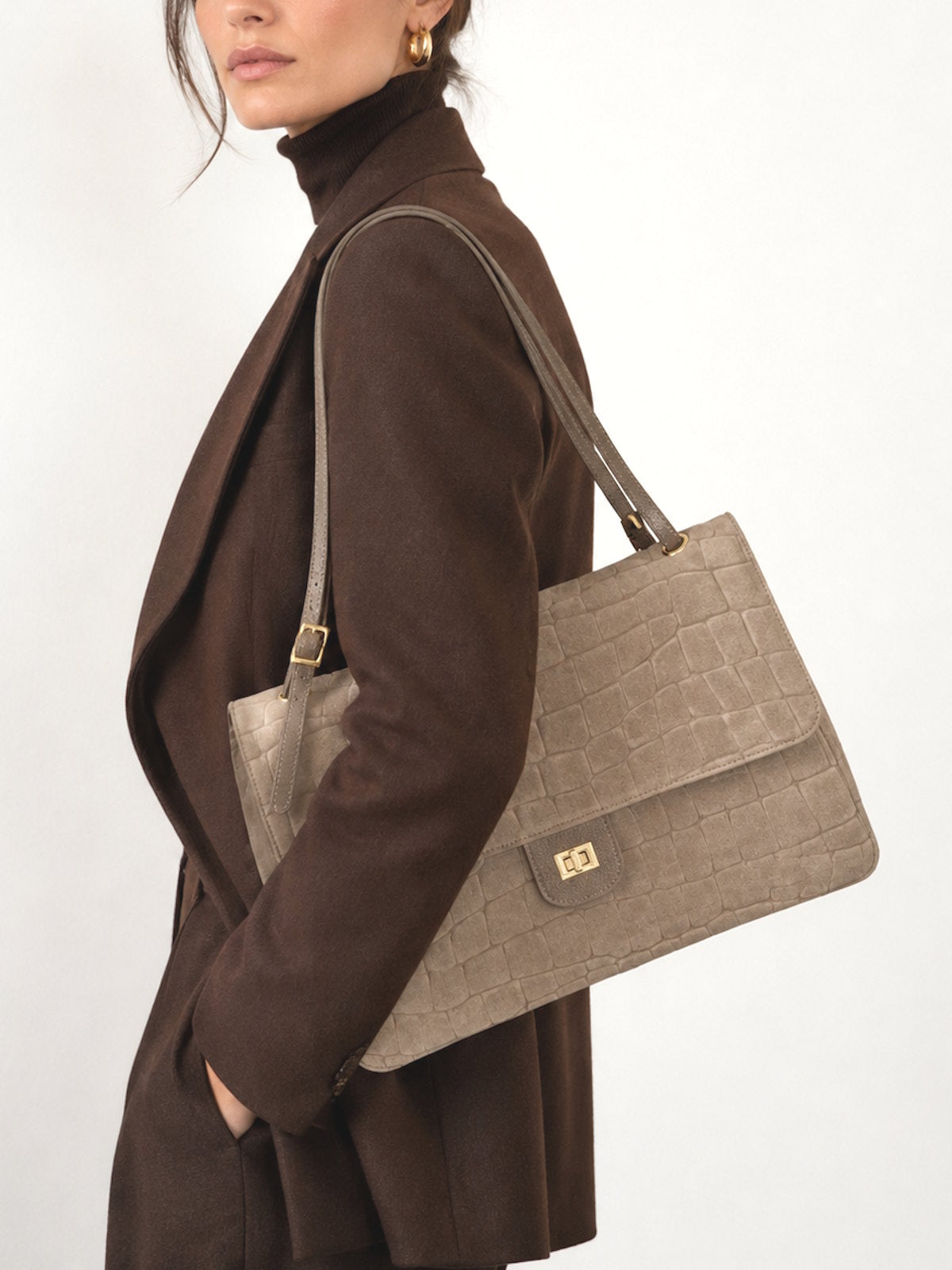 Large Genuine Leather & Suede Croc-Embossed Shoulder Bag, Made in Italy, art. 112783