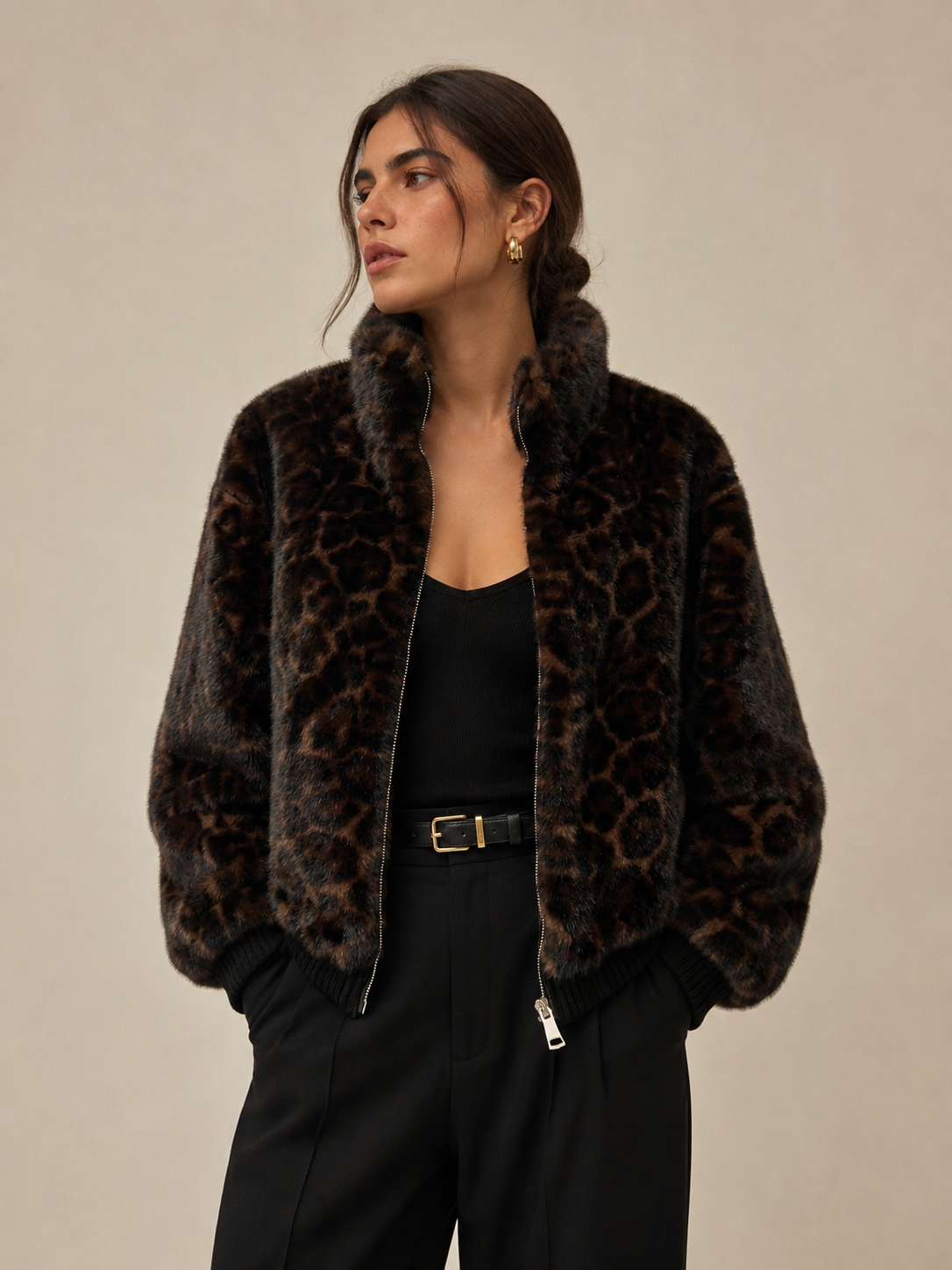 Plush Leopard Faux Fur Cropped Zip-Up Bomber Jacket, Fall/Winter, Art. XY-04.532