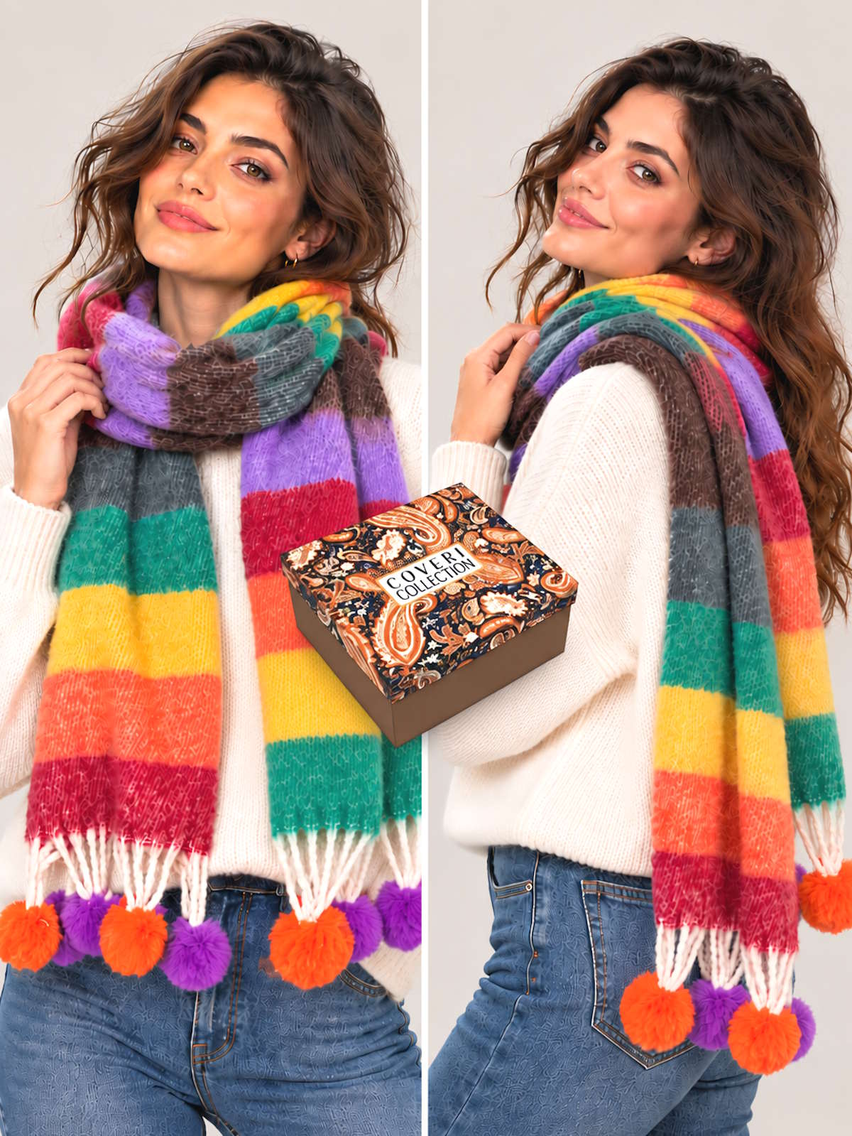 Christmas Gift for Her | Warm Rainbow Pom-Pom Scarf with Gift Box, art. 263012