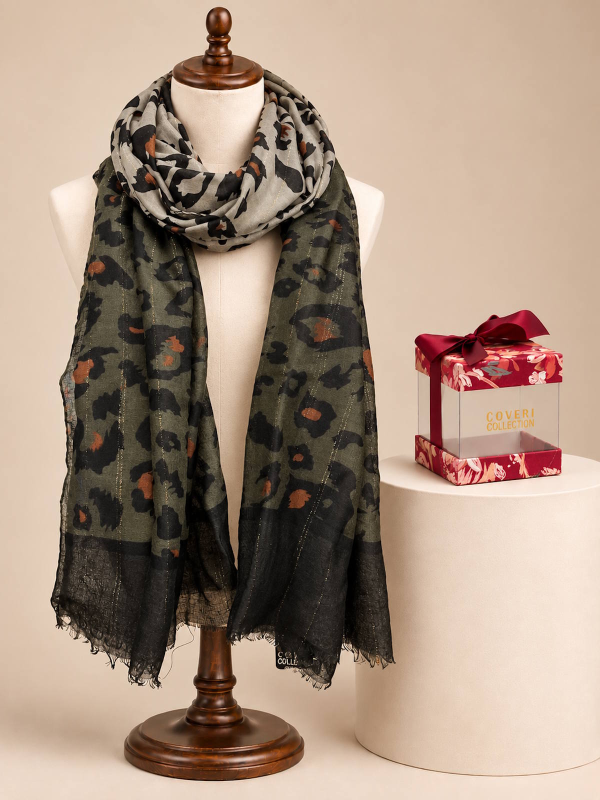 Christmas Gift for Her | Lightweight Autumn Scarf, Leopard Print with Gold Shimmer, art. 252301