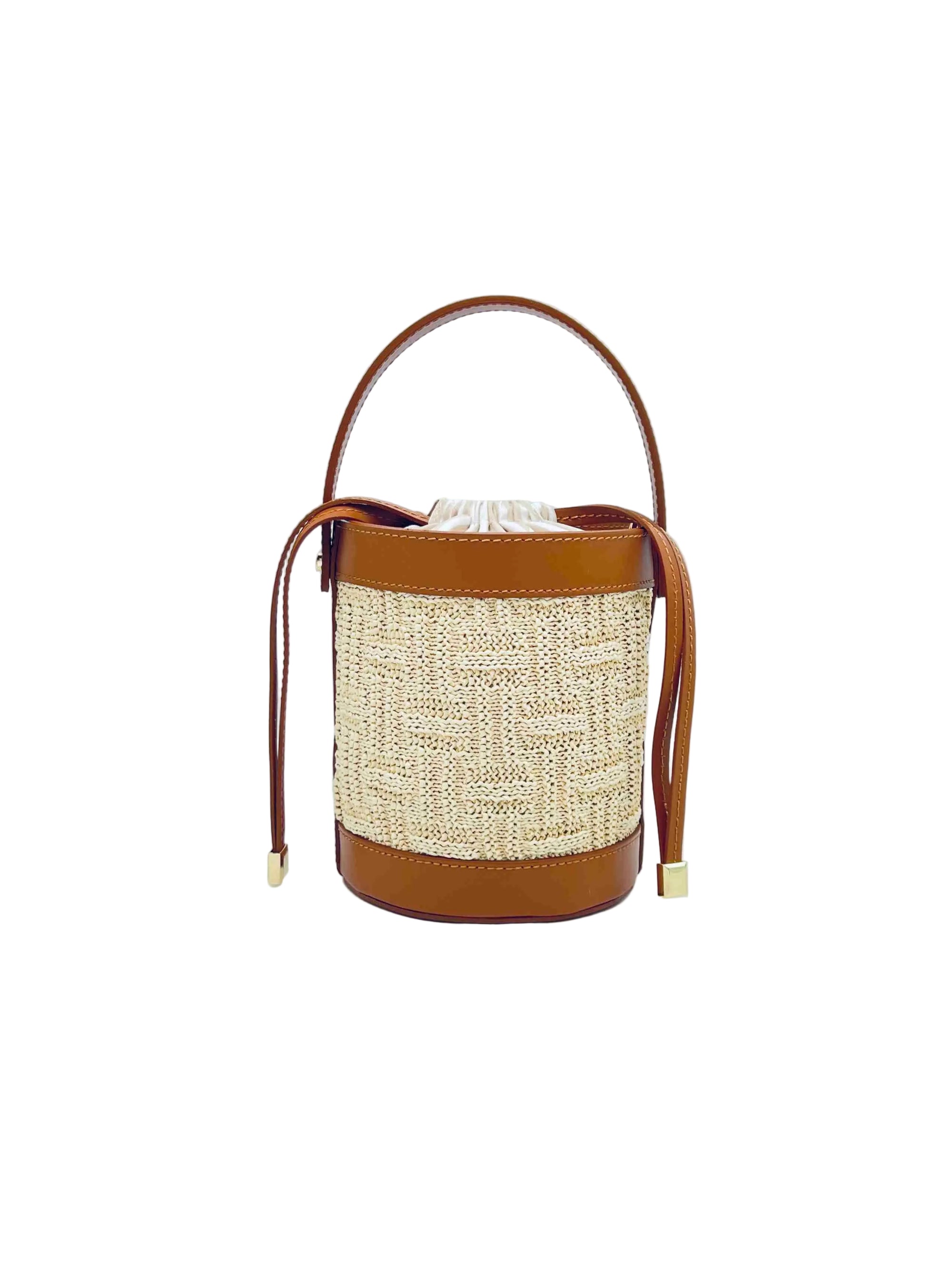 Genuine Leather and Raffia Bucket Bag, Small Size, Made in Italy, art. 112709