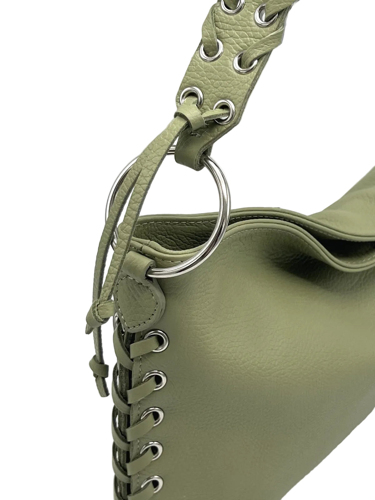 Genuine Leather Lace-up Detail Slouchy Shoulder Bag, Made in Italy, art. 112757