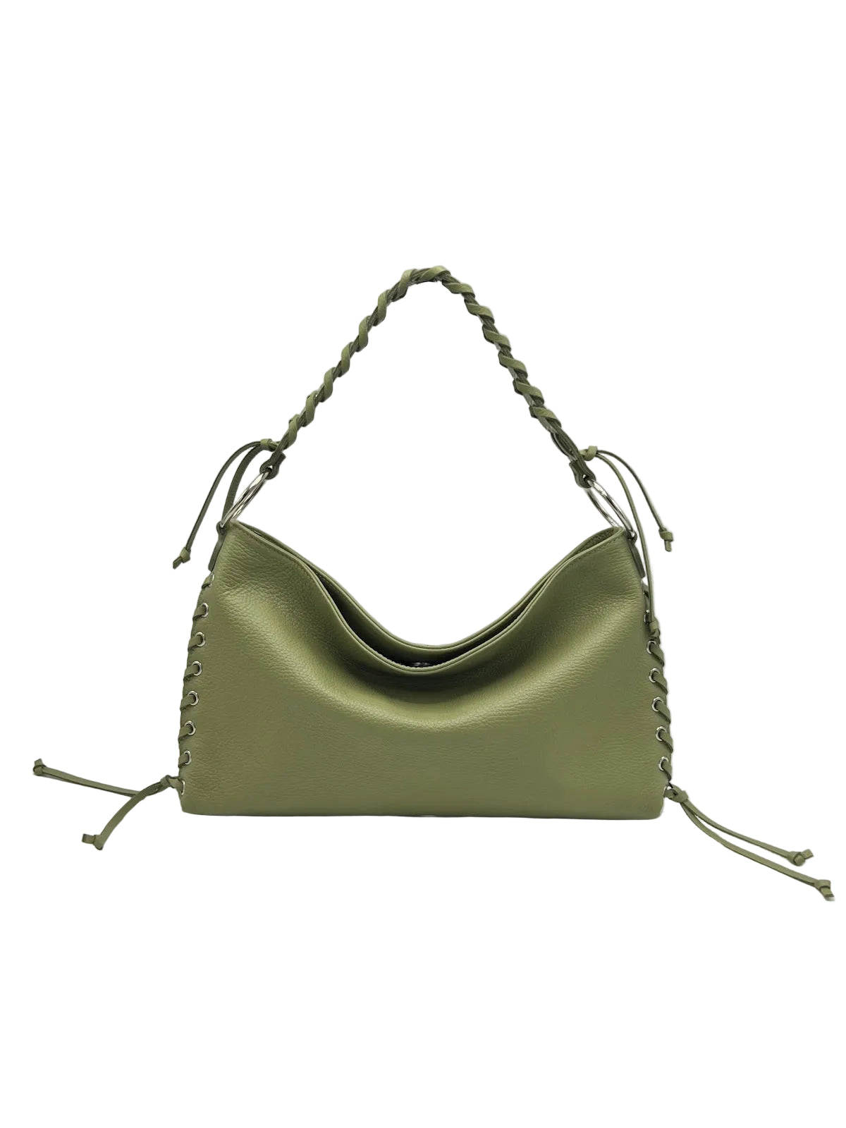 Genuine Leather Lace-up Detail Slouchy Shoulder Bag, Made in Italy, art. 112757