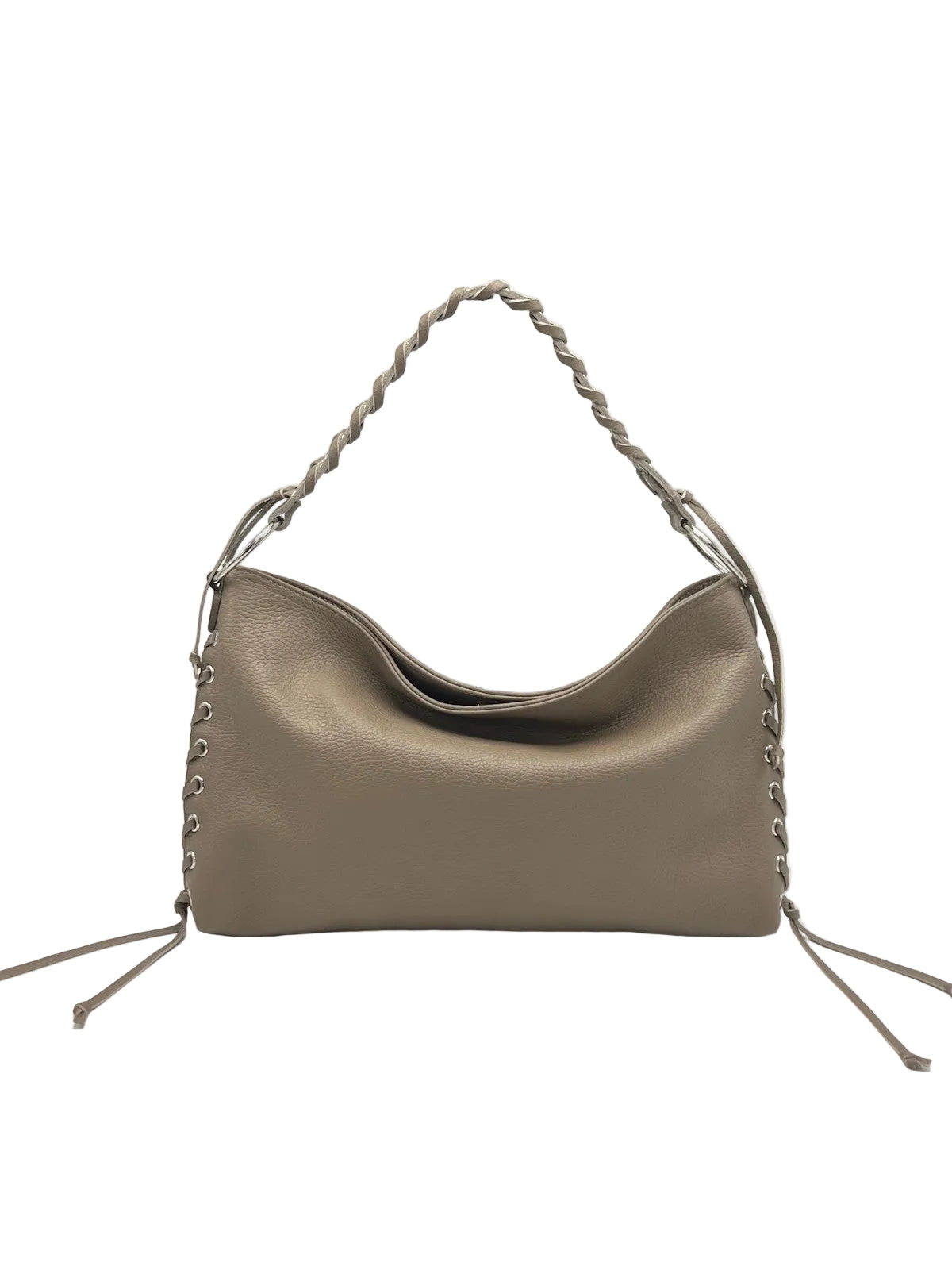 Genuine Leather Lace-up Detail Slouchy Shoulder Bag, Made in Italy, art. 112757
