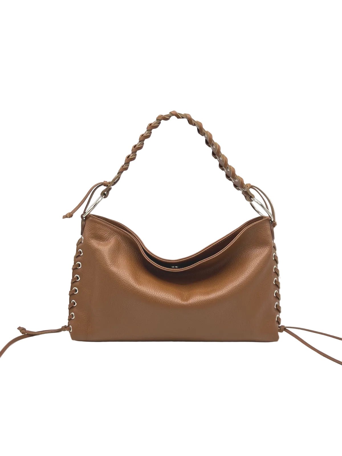 Genuine Leather Lace-up Detail Slouchy Shoulder Bag, Made in Italy, art. 112757