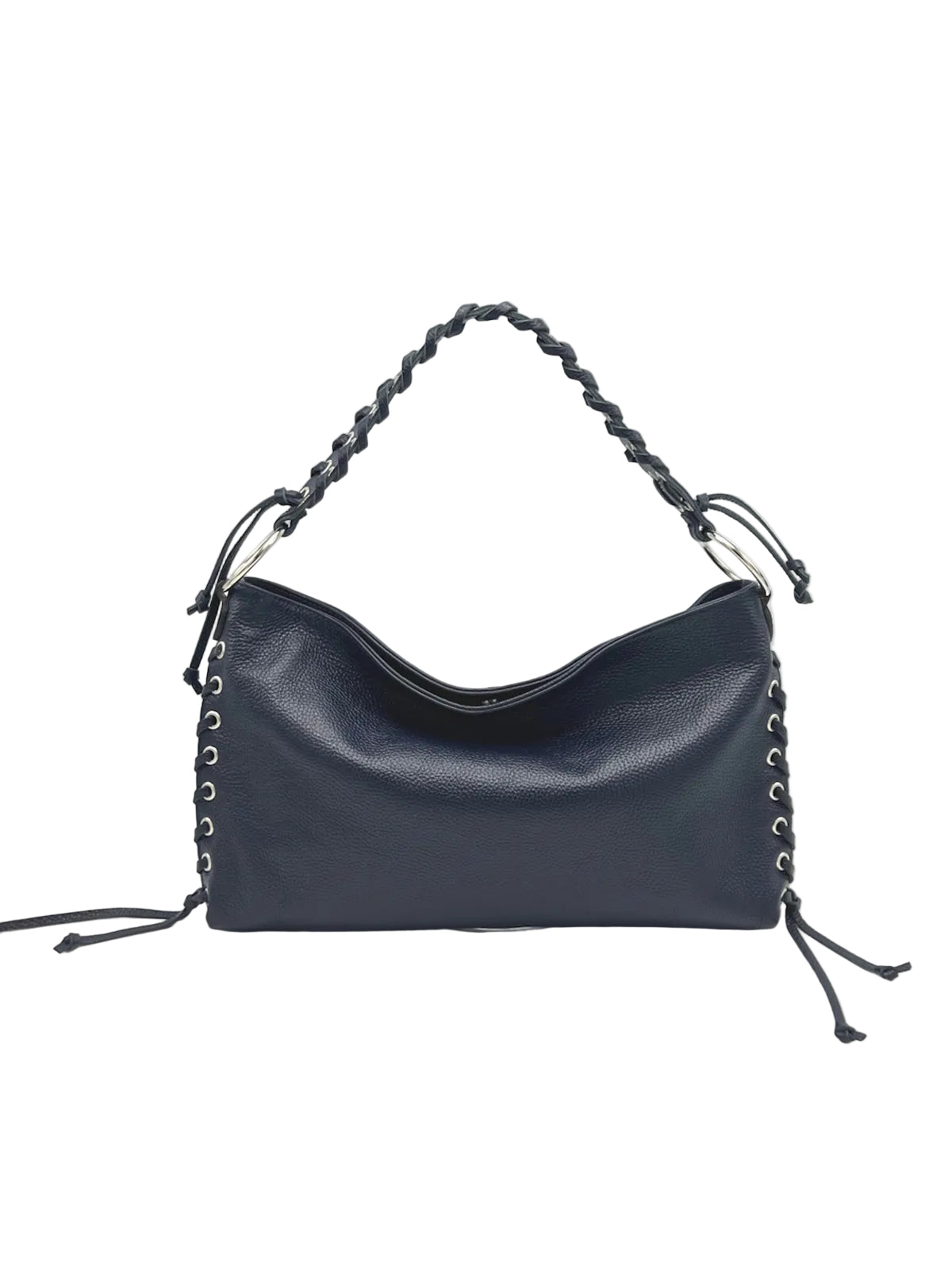 Genuine Leather Lace-up Detail Slouchy Shoulder Bag, Made in Italy, art. 112757