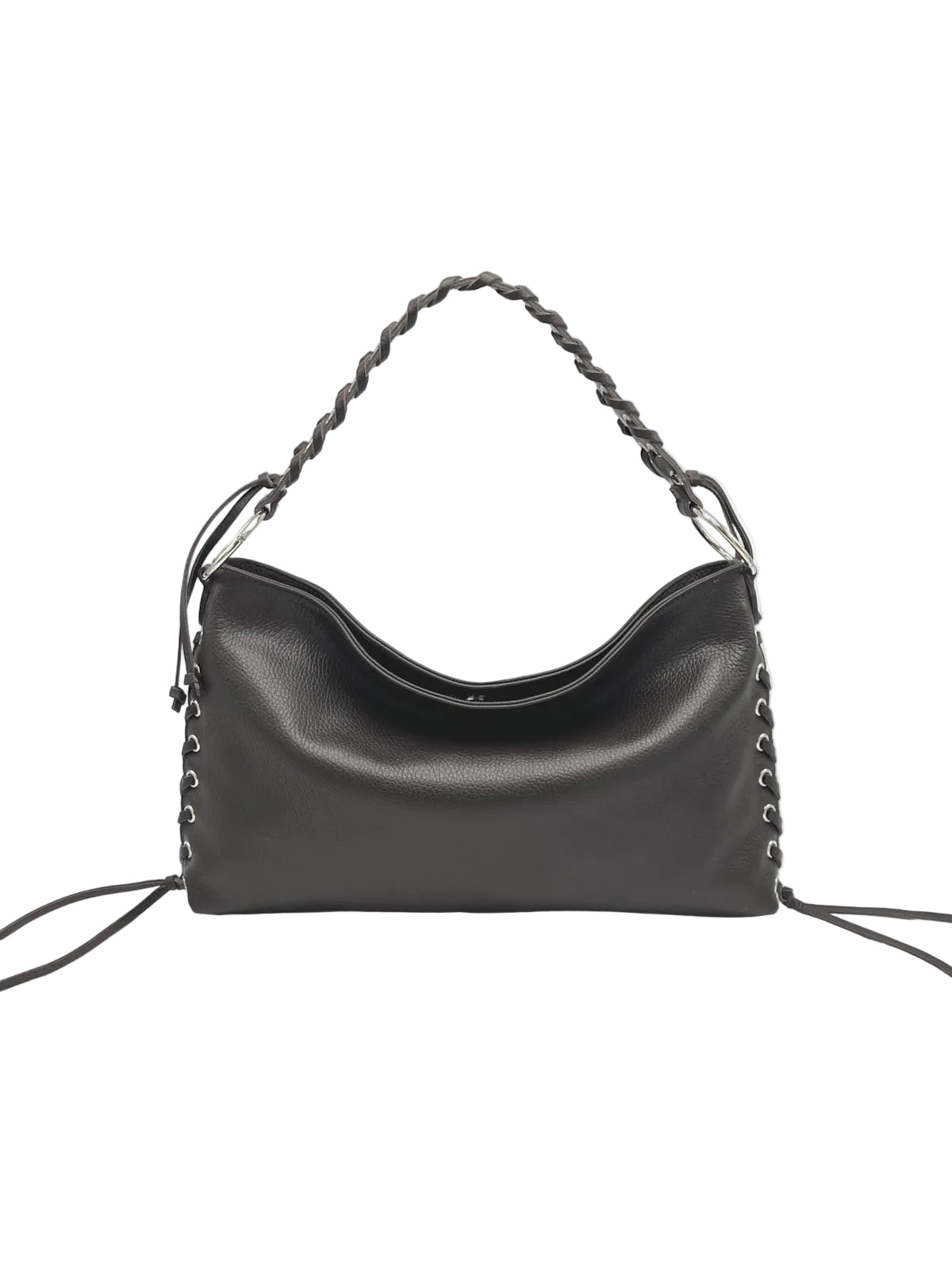 Genuine Leather Lace-up Detail Slouchy Shoulder Bag, Made in Italy, art. 112757