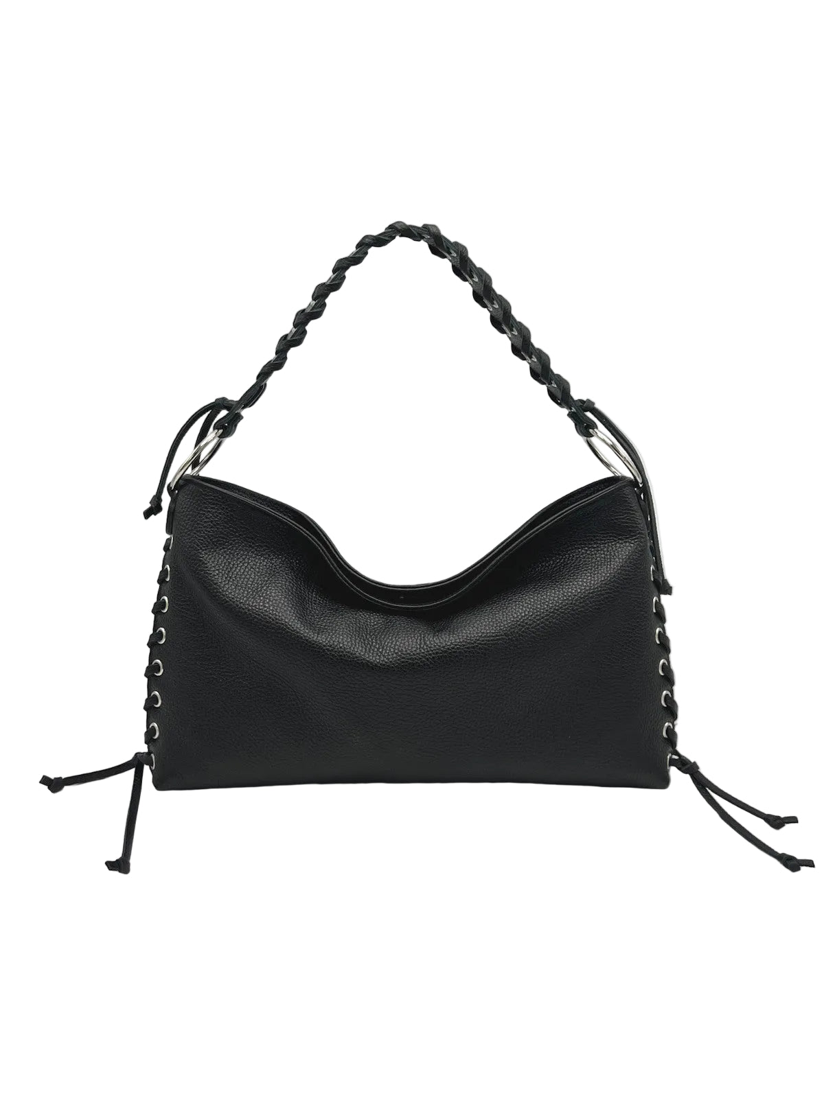 Genuine Leather Lace-up Detail Slouchy Shoulder Bag, Made in Italy, art. 112757
