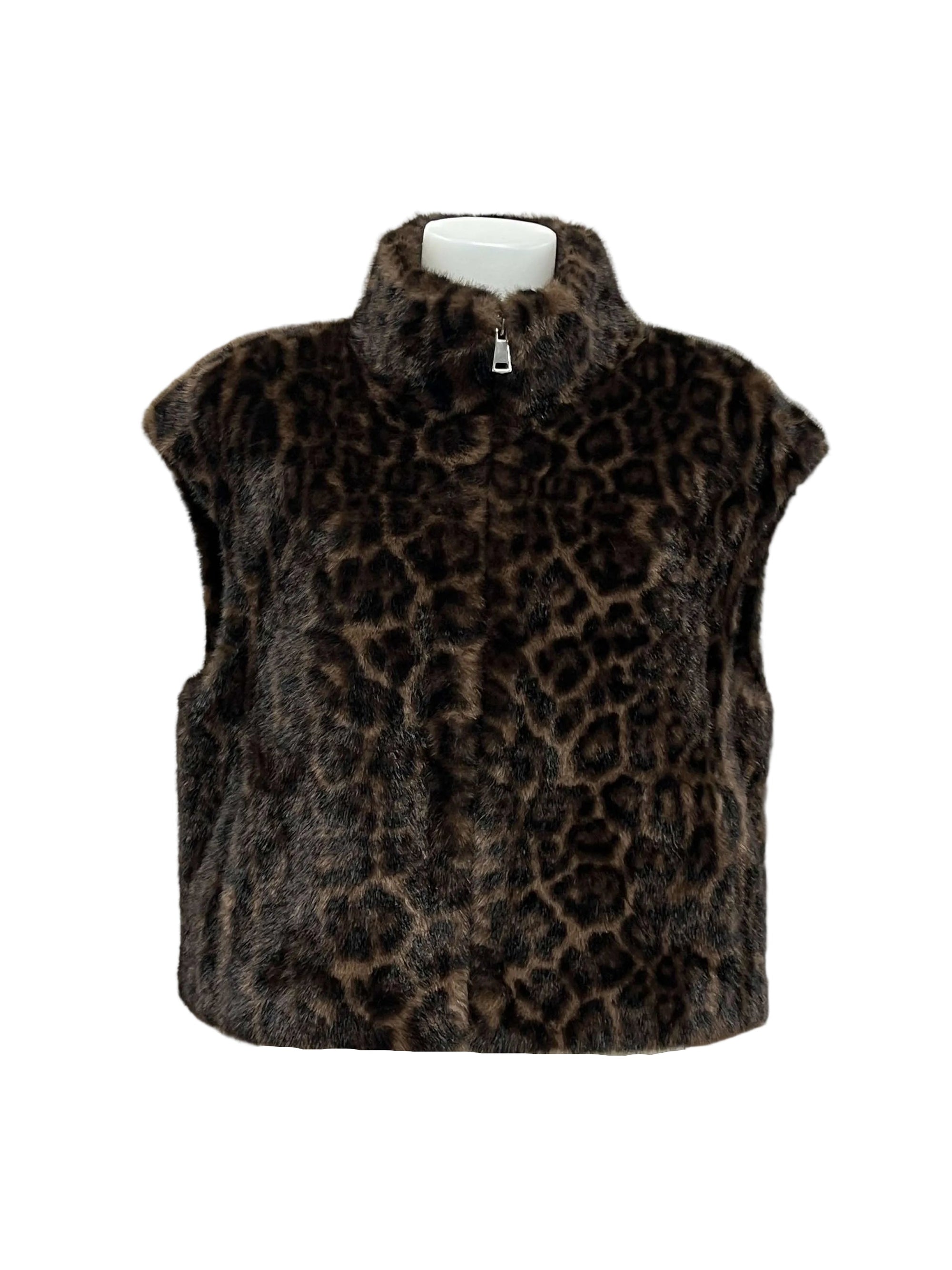 Plush Leopard Faux Fur High-Neck Zip-Up Vest, Fall/Winter, Art. XY-03.532