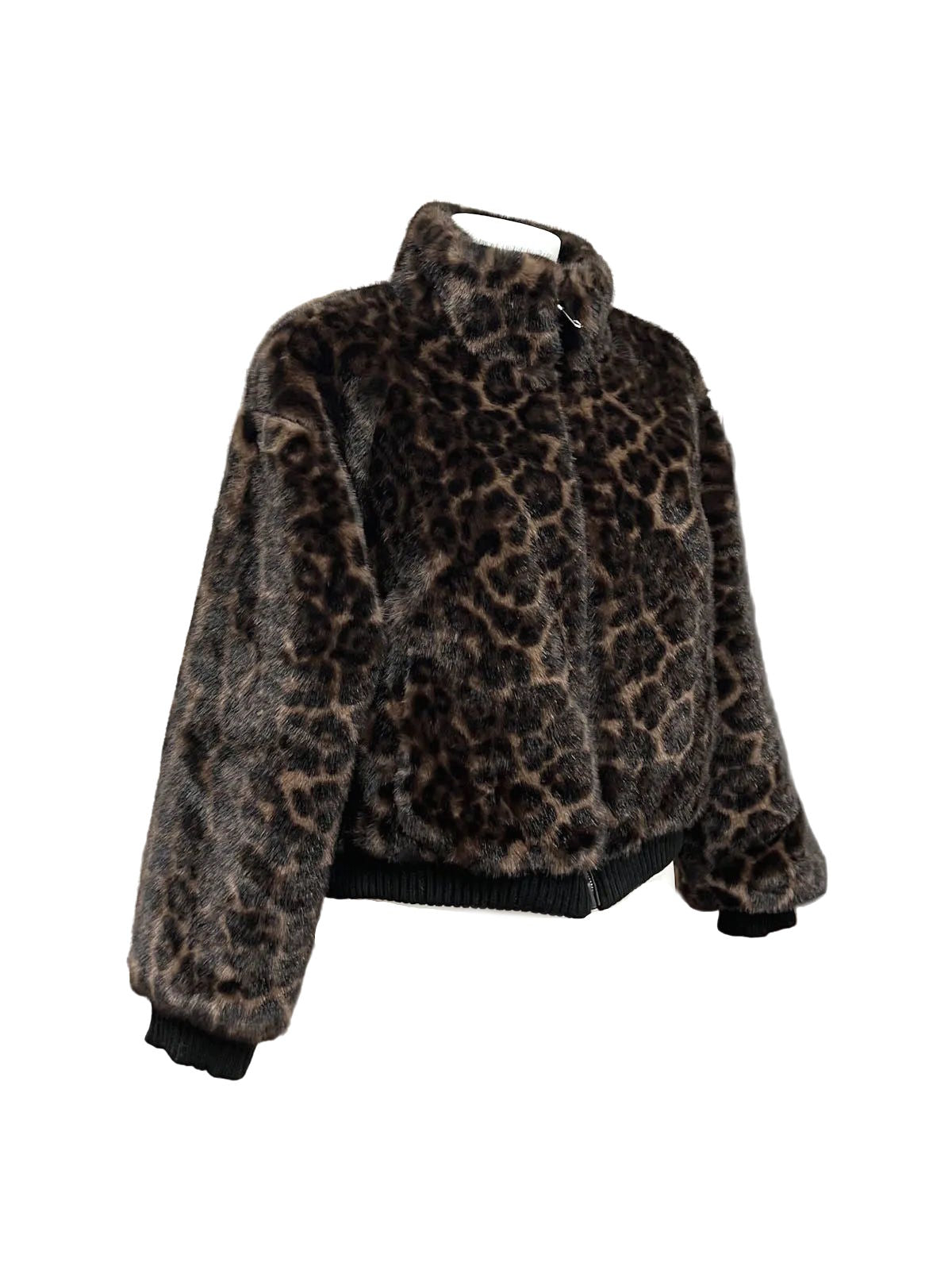 Plush Leopard Faux Fur Cropped Zip-Up Bomber Jacket, Fall/Winter, Art. XY-04.532