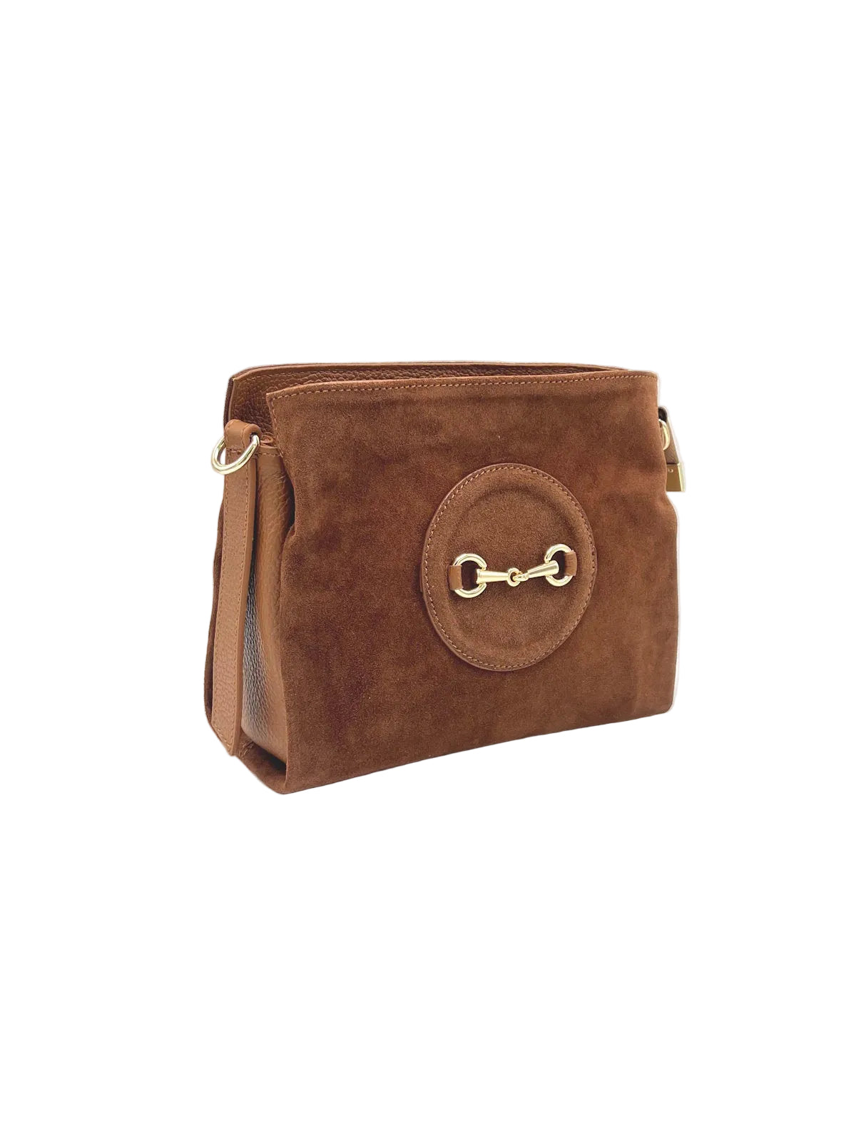 Women’s Suede Leather Crossbody Bag with Gold Horsebit Detail, Made in Italy, art. 112792