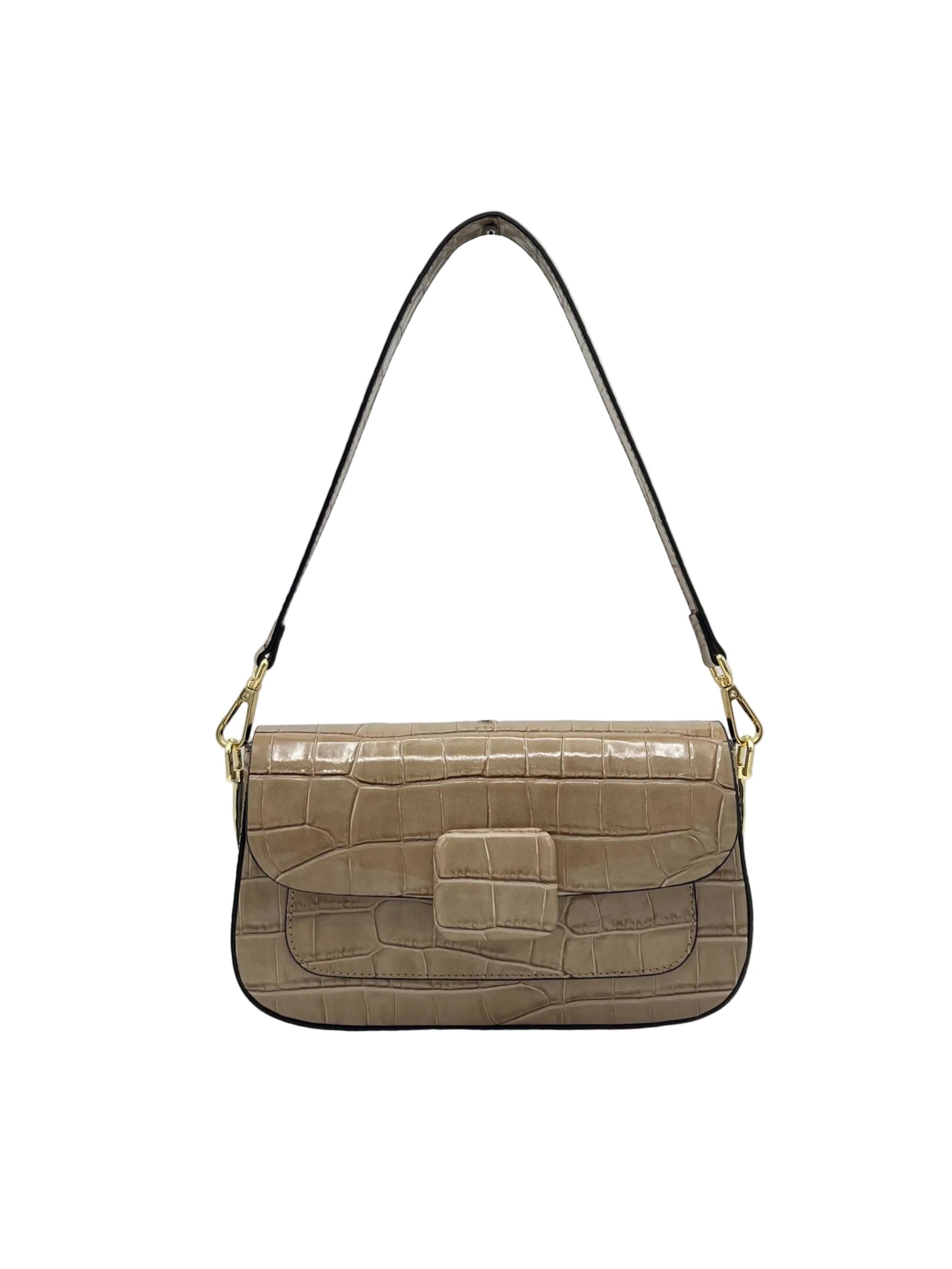 Glossy Croc-Embossed Leather Baguette Shoulder Bag, Made in Italy, art. 112805