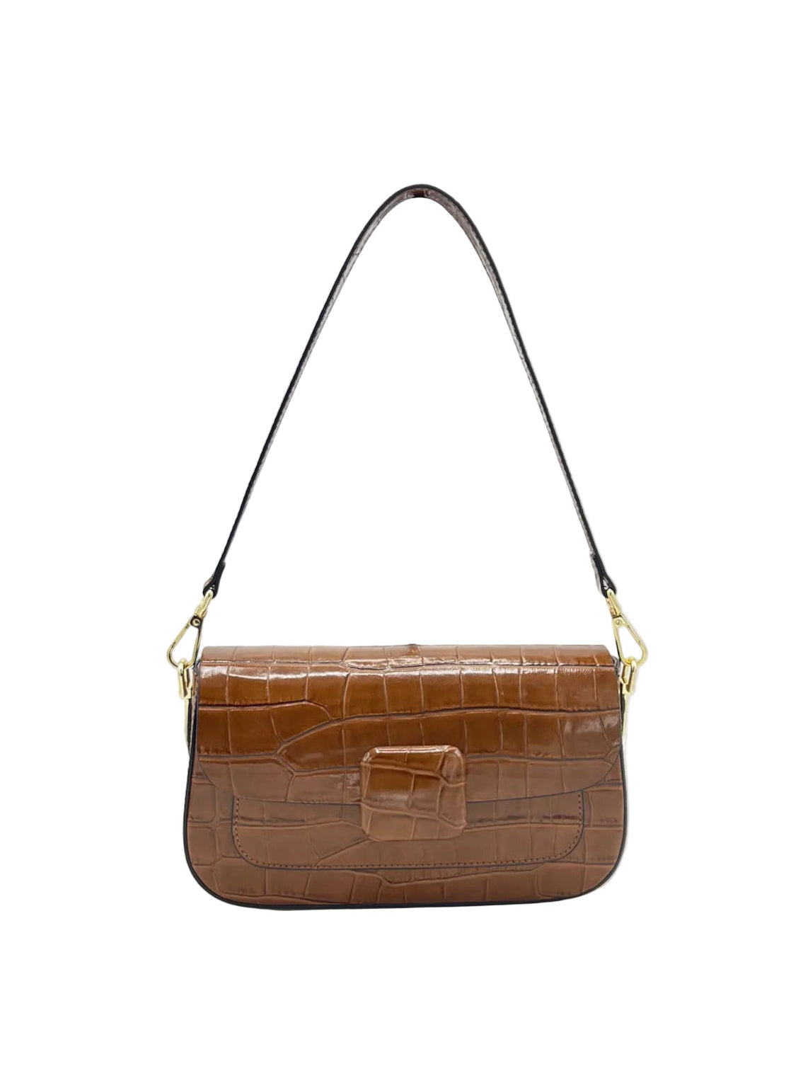 Glossy Croc-Embossed Leather Baguette Shoulder Bag, Made in Italy, art. 112805