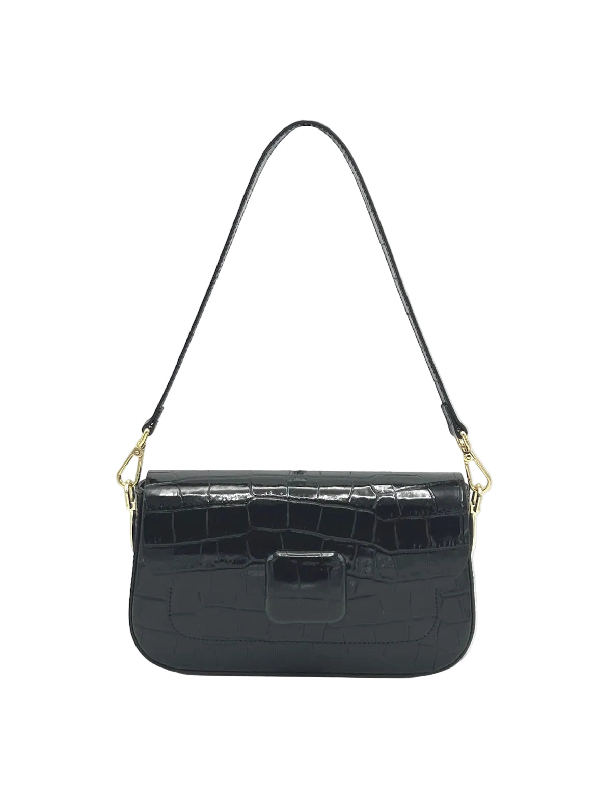 Glossy Croc-Embossed Leather Baguette Shoulder Bag, Made in Italy, art. 112805