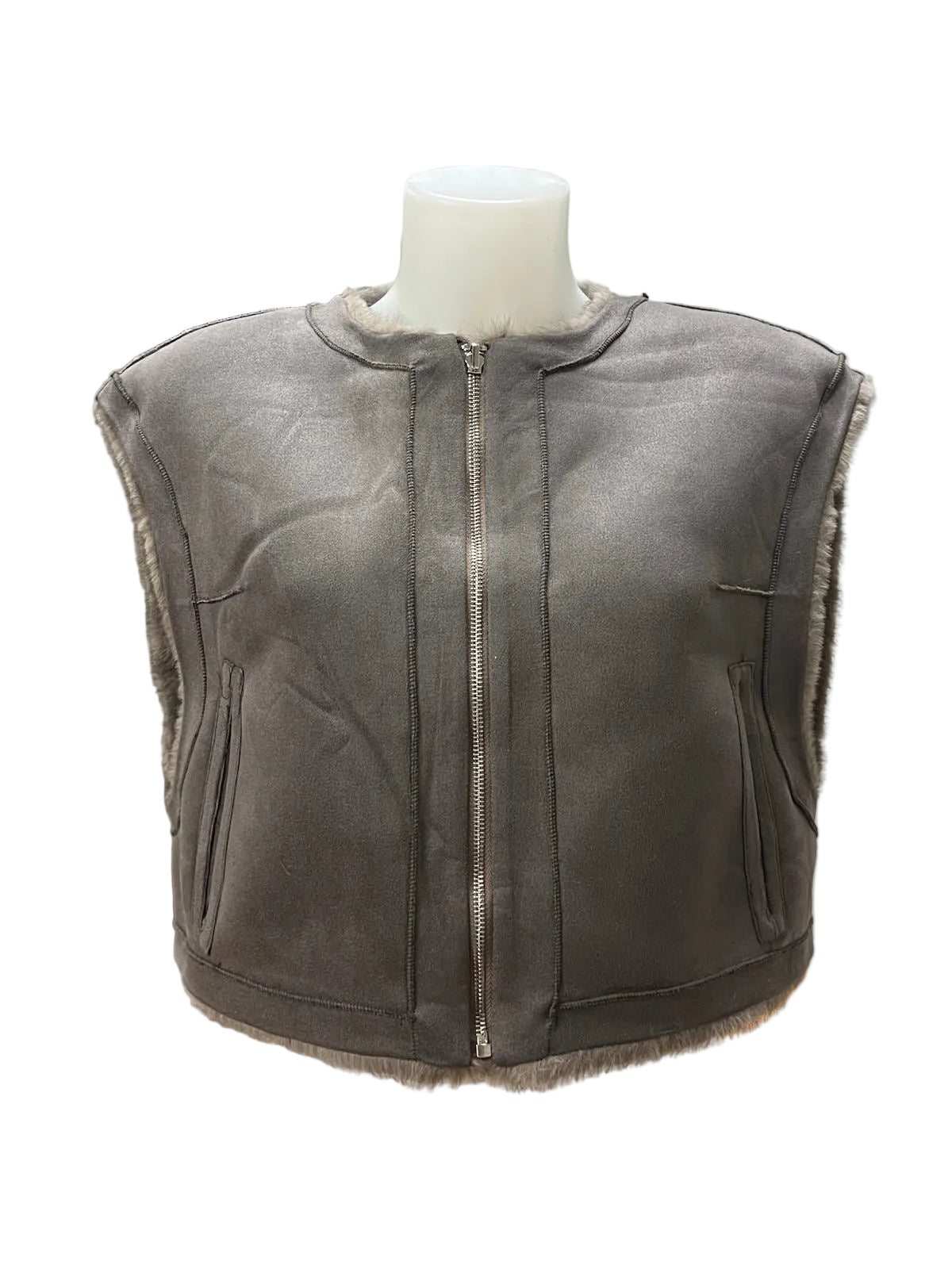 Reversible Plush Faux Fur & Faux Suede Cropped Zip-Up Vest, Fall/Winter, Art. XY-01.532