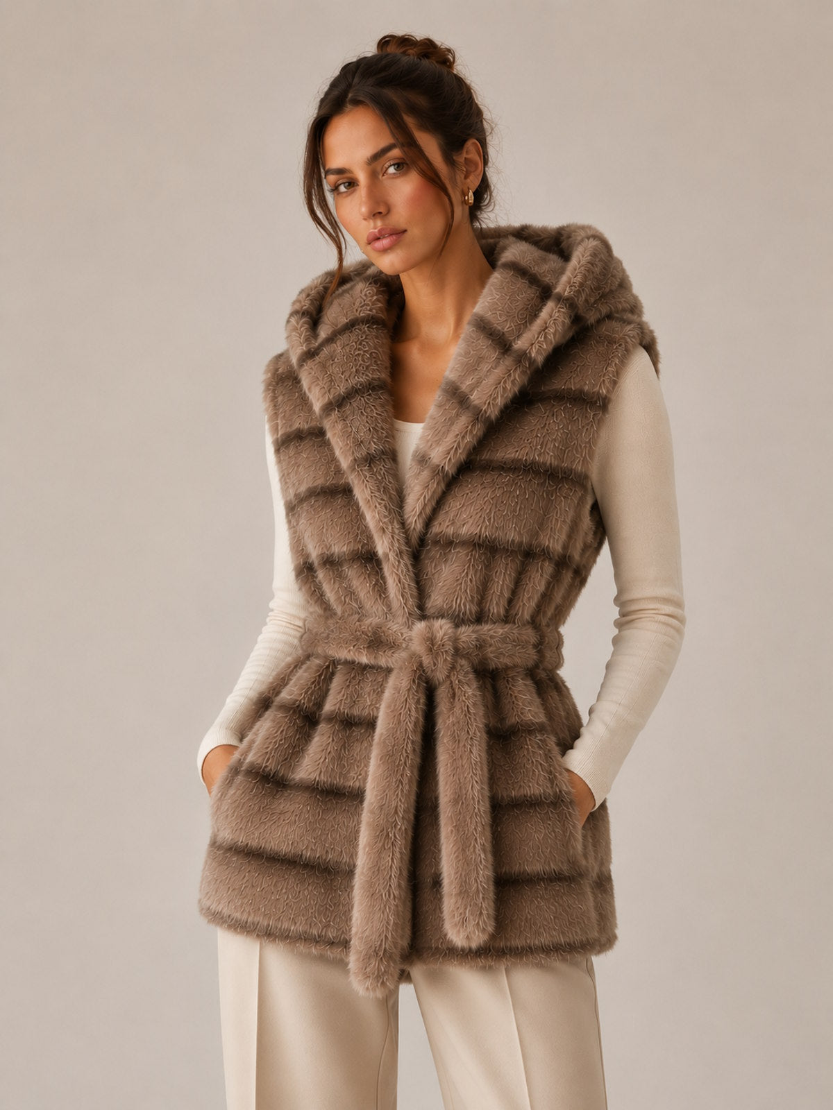 Plush Faux Fur Hooded Belted Longline Vest, Fall/Winter, Art. MZ-2616.532