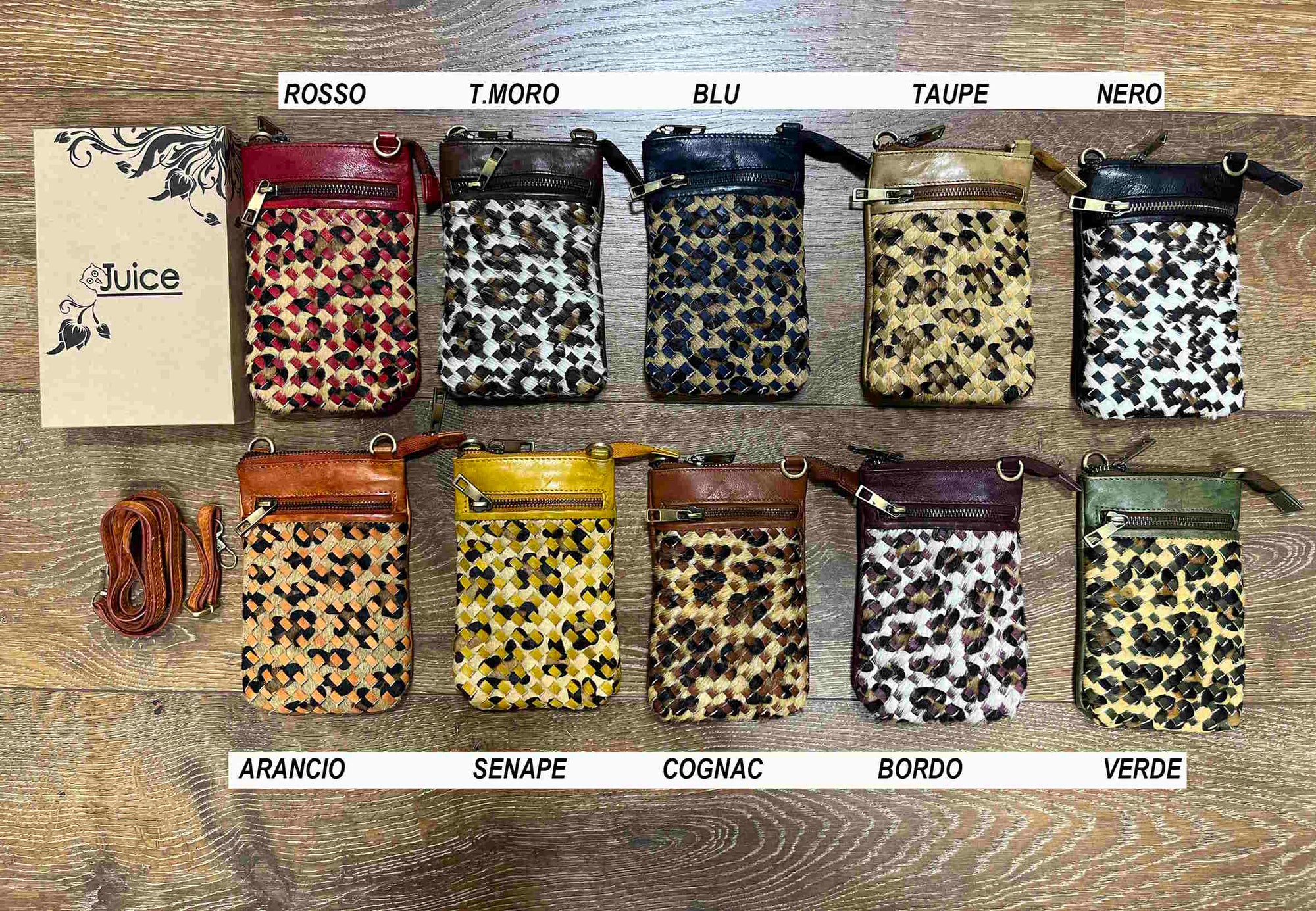 Washed leather and calf hair cellphone holder art. LE052.422