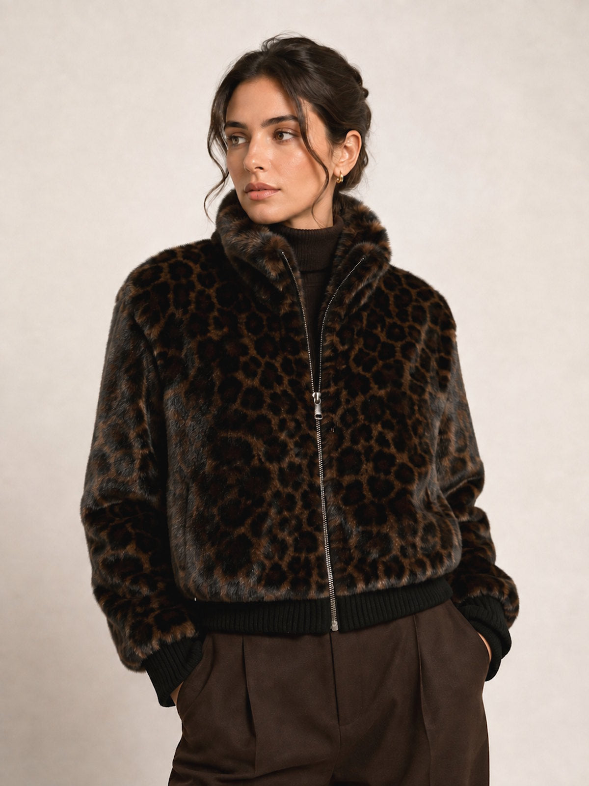 Plush Leopard Faux Fur Cropped Zip-Up Bomber Jacket, Fall/Winter, Art. XY-04.532