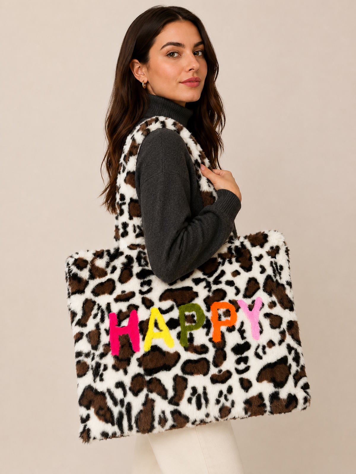 Plush Faux Fur Happy Leopard Oversized Tote Bag, Fall/Winter, Art. YH-26126.532