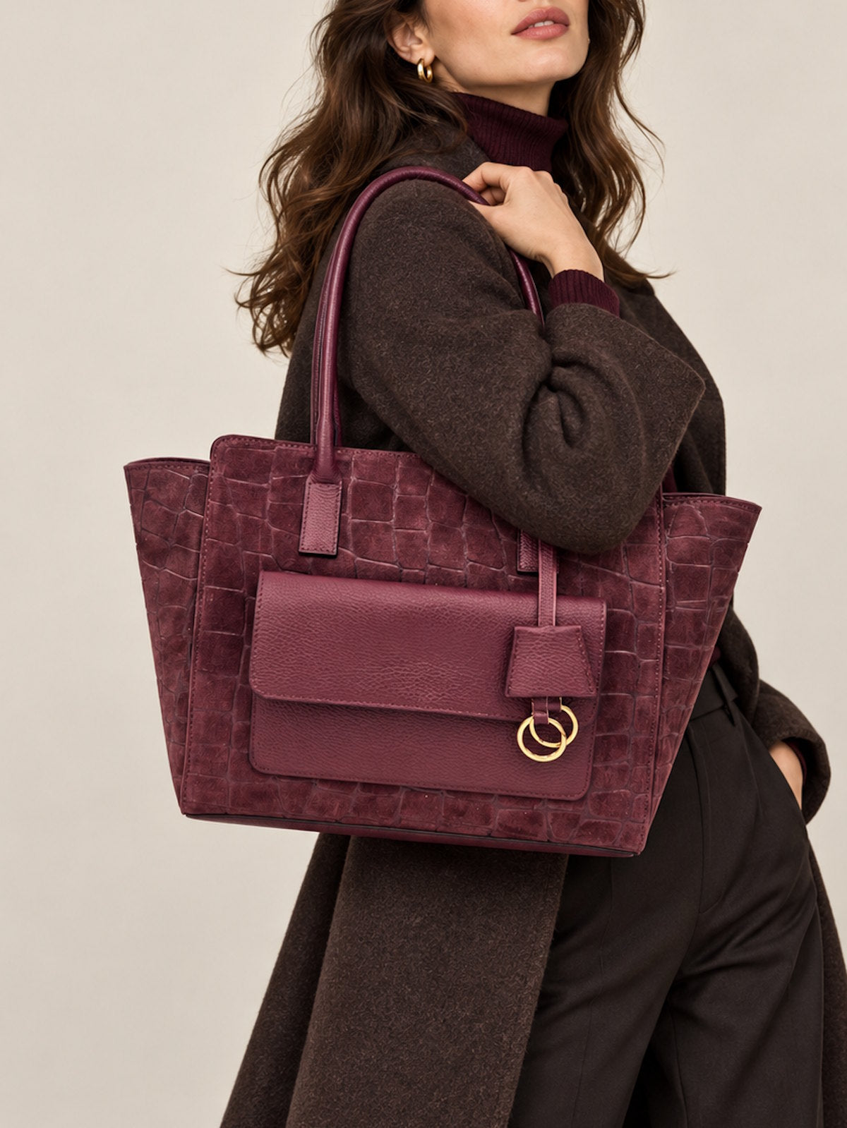 Genuine Leather & Suede Croc-Embossed Large Tote Bag, Made in Italy, art. 112803