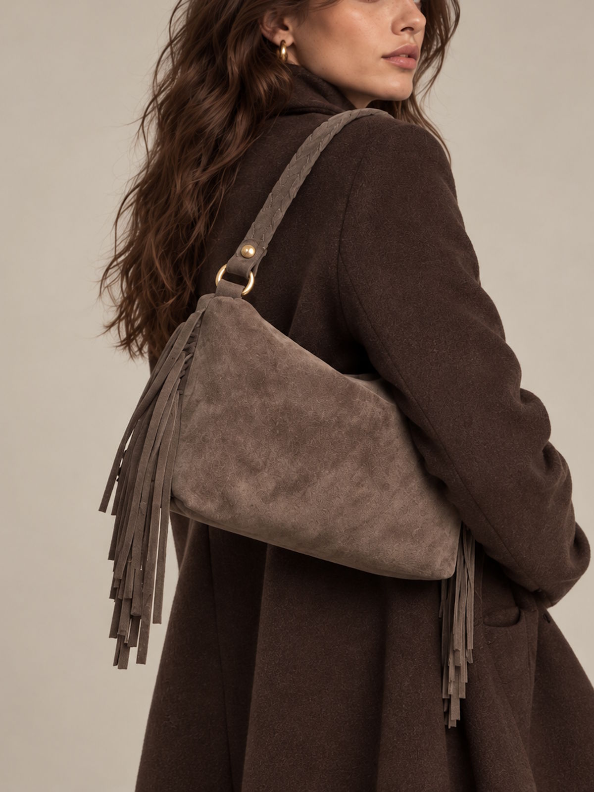 Suede Fringe Shoulder & Crossbody Bag with Detachable Strap, Made in Italy, art. 112799