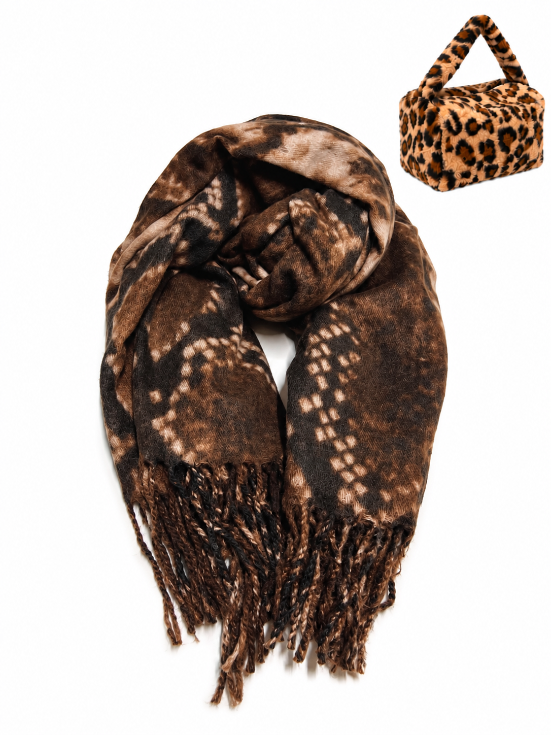 Christmas Gift for Her | Warm Square Snakeskin Print Fringed scarf with Plush Gift Bag, art. 262083