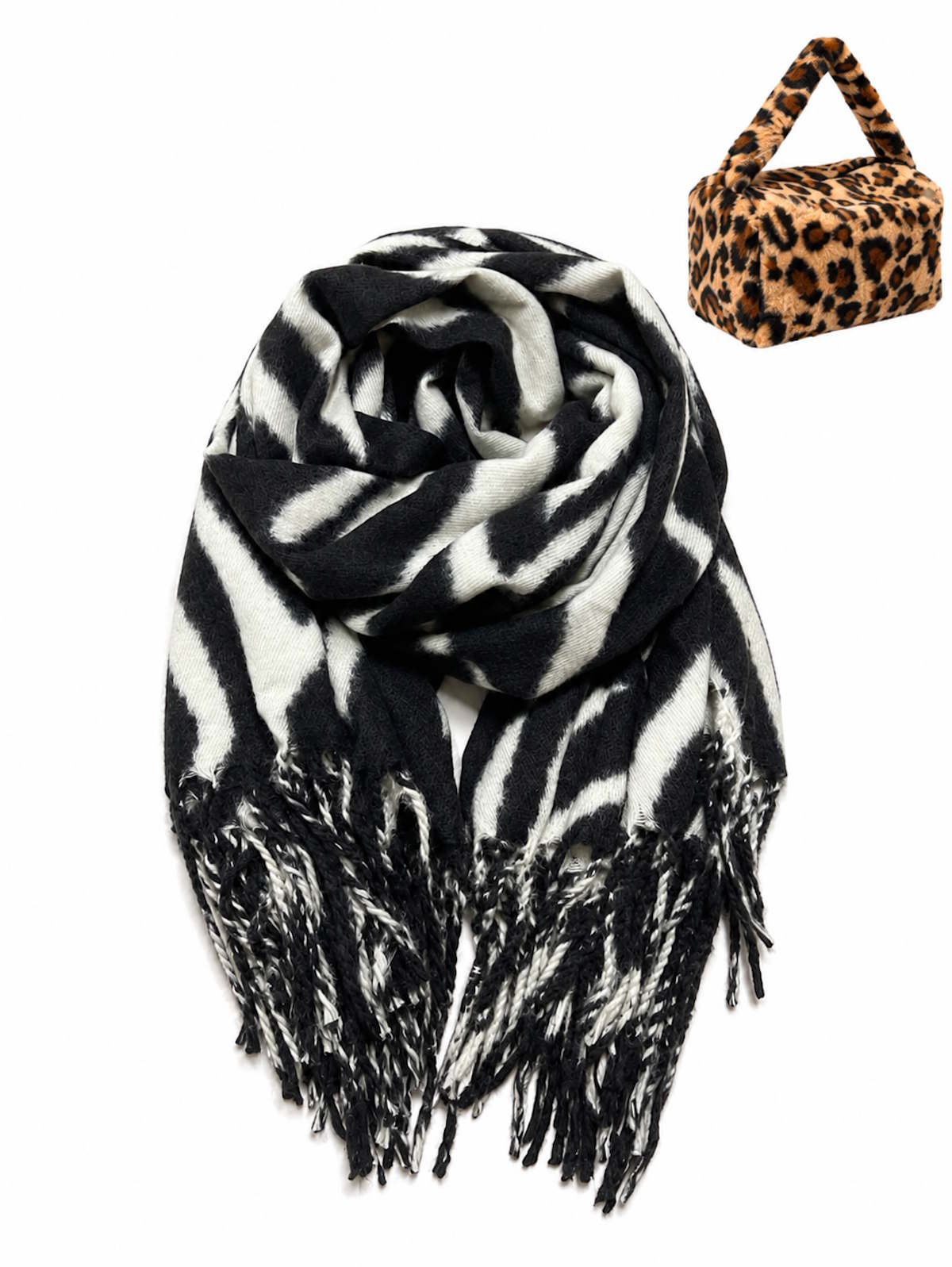 Christmas Gift for Her | Warm Zebra Print Square Fringed Scarf with Plush Gift Bag, art. 262085A