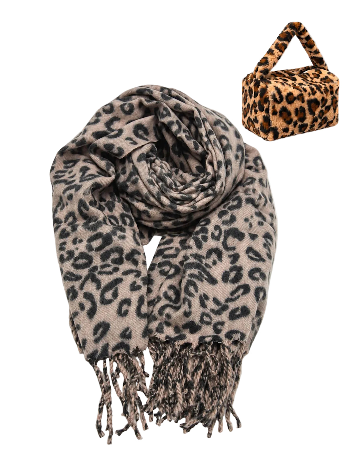 Christmas Gift for Her | Warm Square Leopard Print Fringed Scarf with Plush Gift Bag, art. 262082