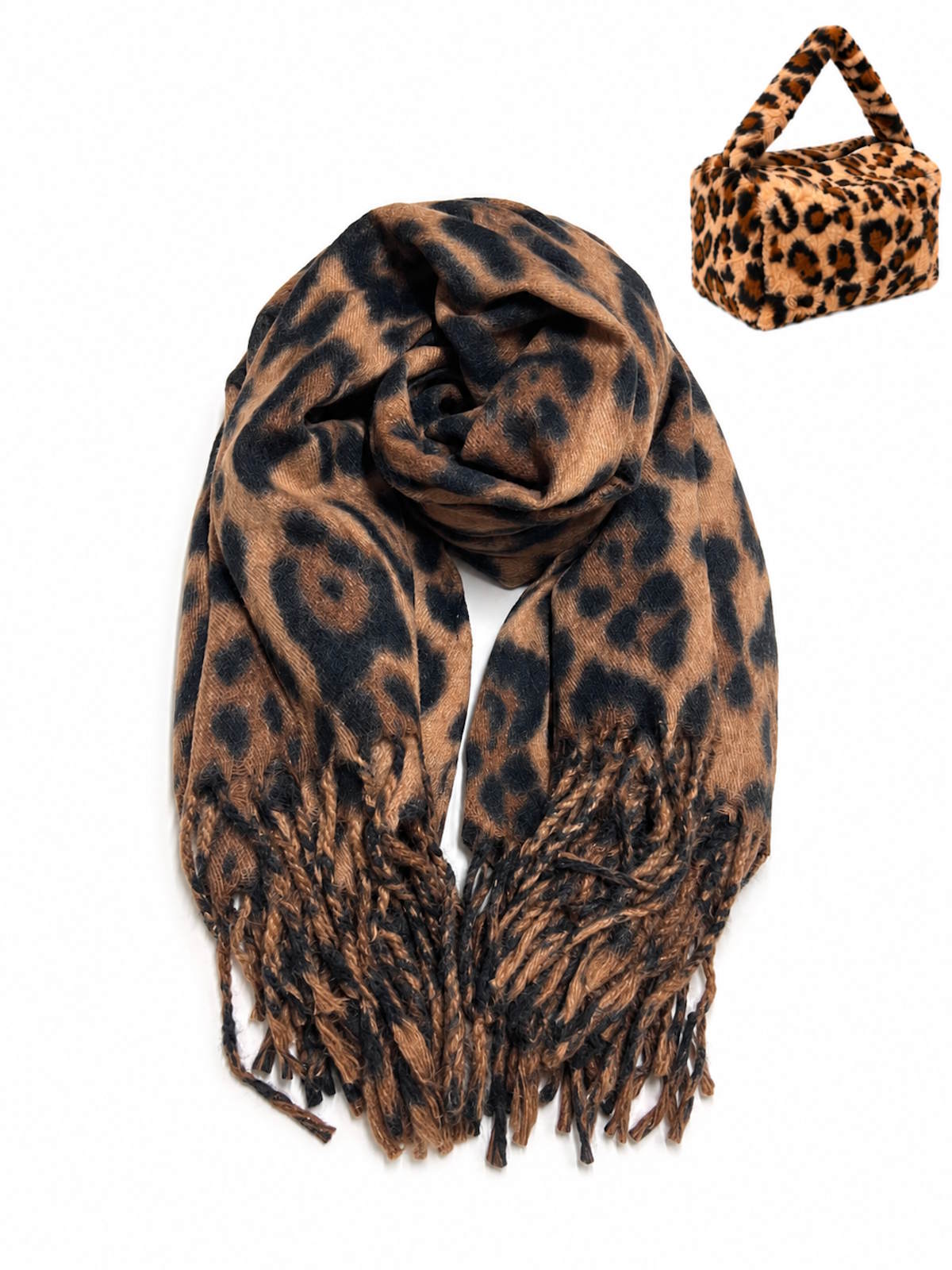 Christmas Gift for Her | Warm Bold Leopard Print Square Fringed Scarf with Plush Gift Bag, art. 262081