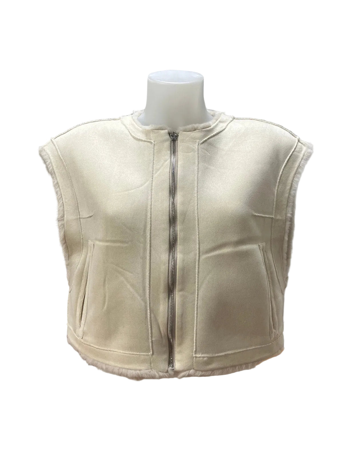 Reversible Plush Faux Fur & Faux Suede Cropped Zip-Up Vest, Fall/Winter, Art. XY-01.532
