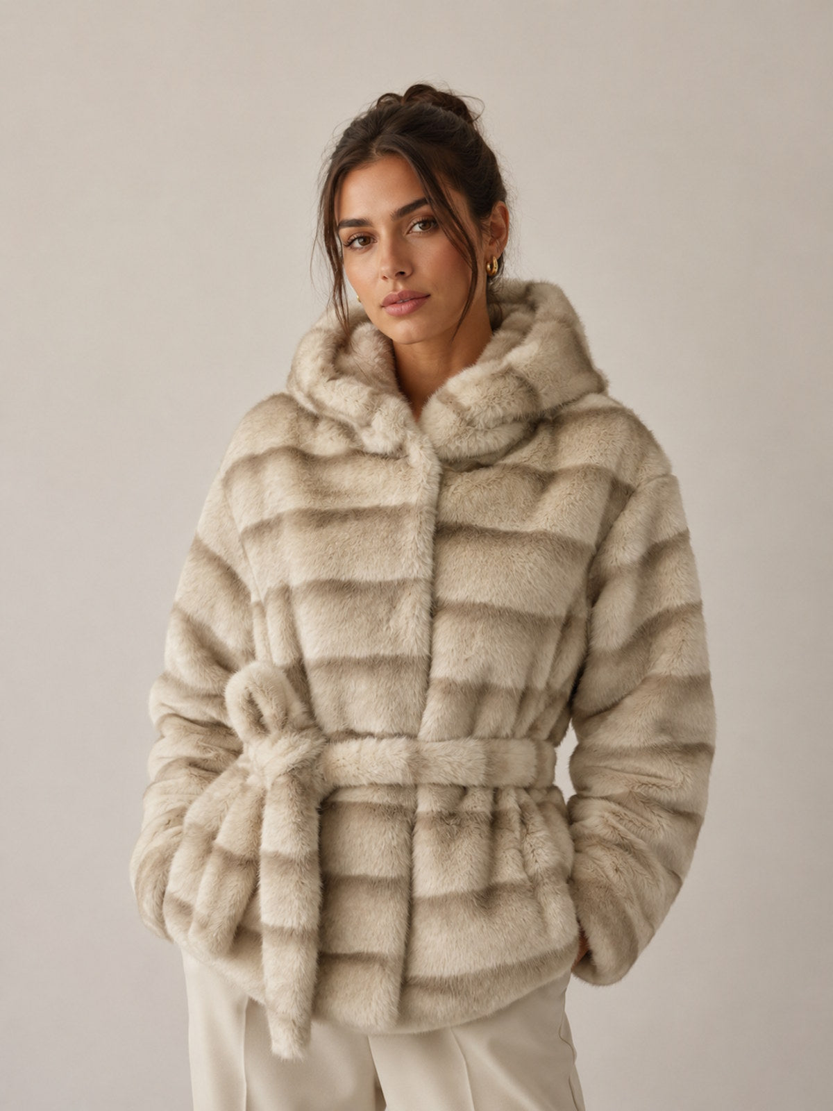 Plush Faux Fur Hooded Belted Jacket, Fall/Winter, Art. XY-17.532