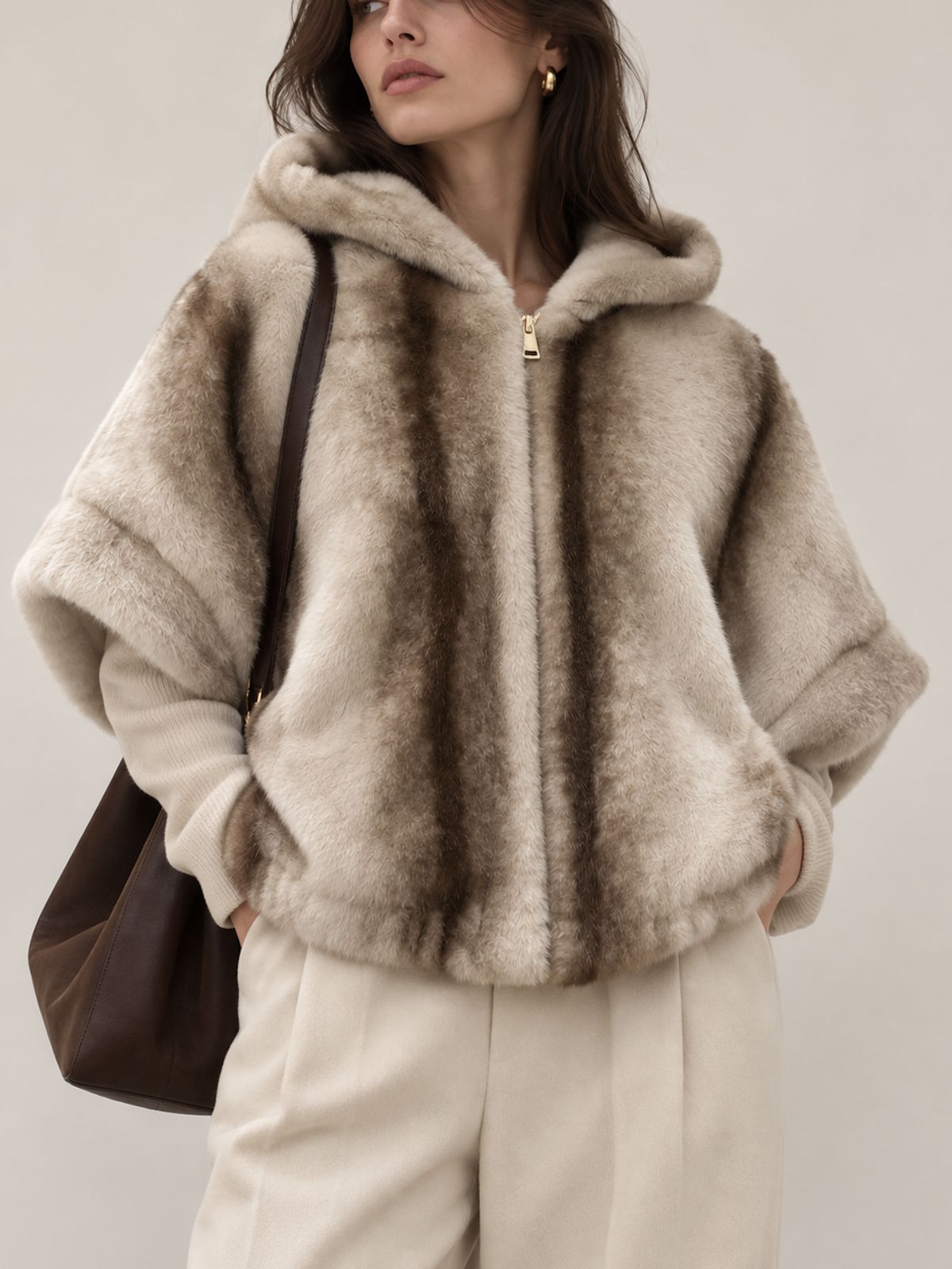 Plush Striped Faux Fur Hooded Zip-Up Bomber Jacket, Fall/Winter, Art. XY-15.532