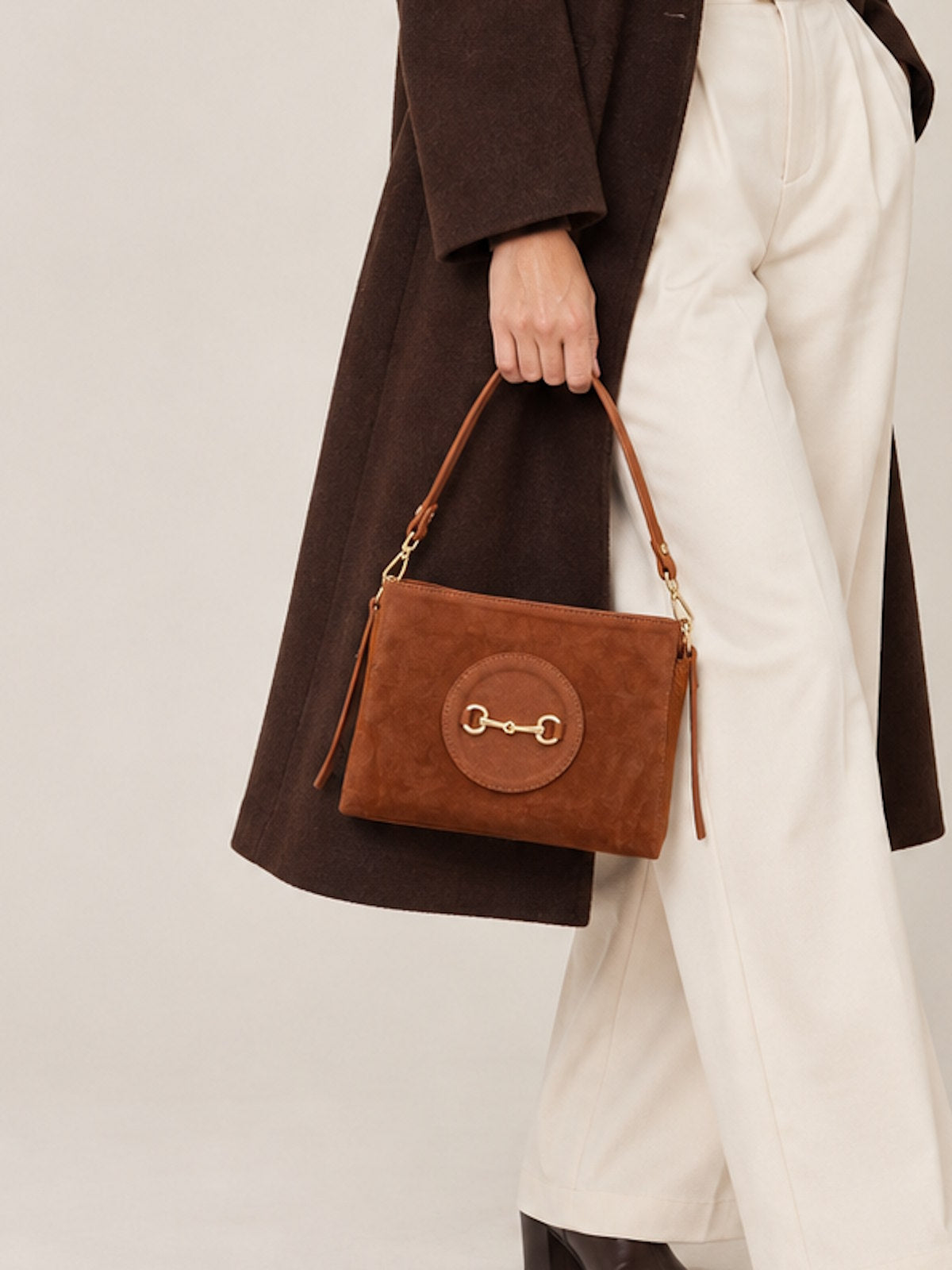 Women’s Suede Leather Crossbody Bag with Gold Horsebit Detail, Made in Italy, art. 112792