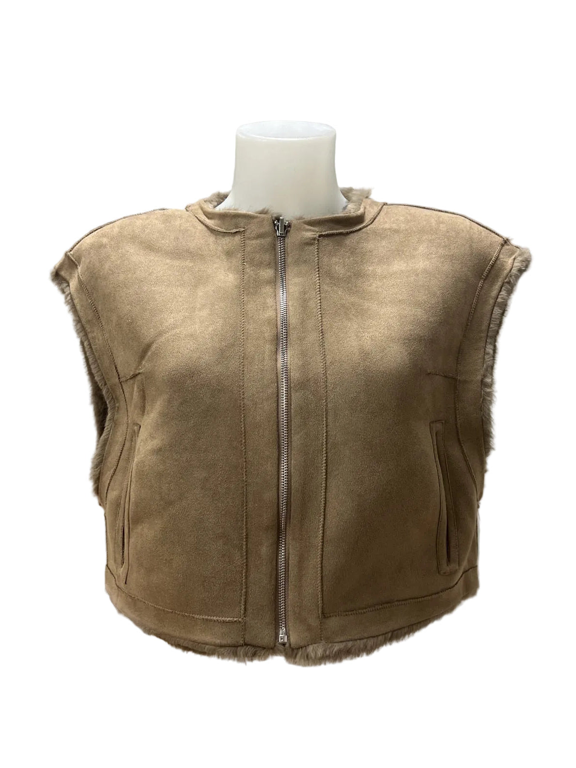 Reversible Plush Faux Fur & Faux Suede Cropped Zip-Up Vest, Fall/Winter, Art. XY-01.532