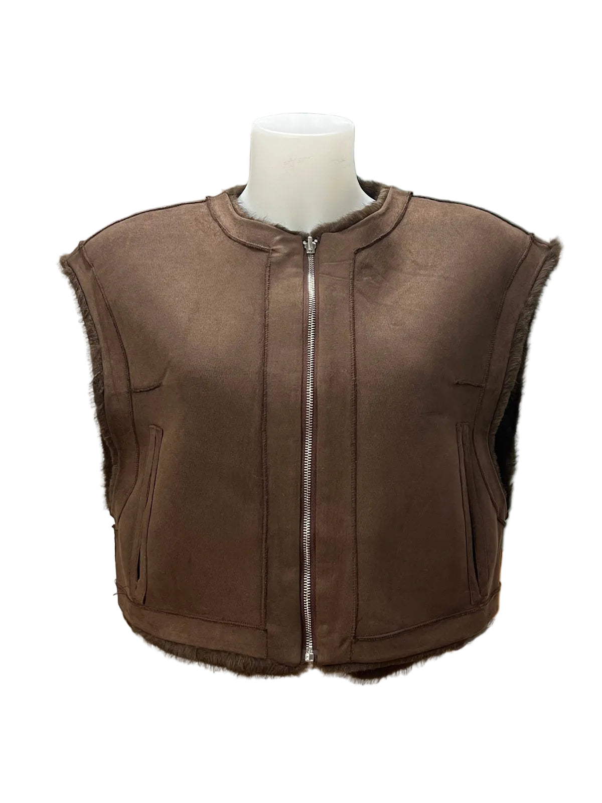 Reversible Plush Faux Fur & Faux Suede Cropped Zip-Up Vest, Fall/Winter, Art. XY-01.532