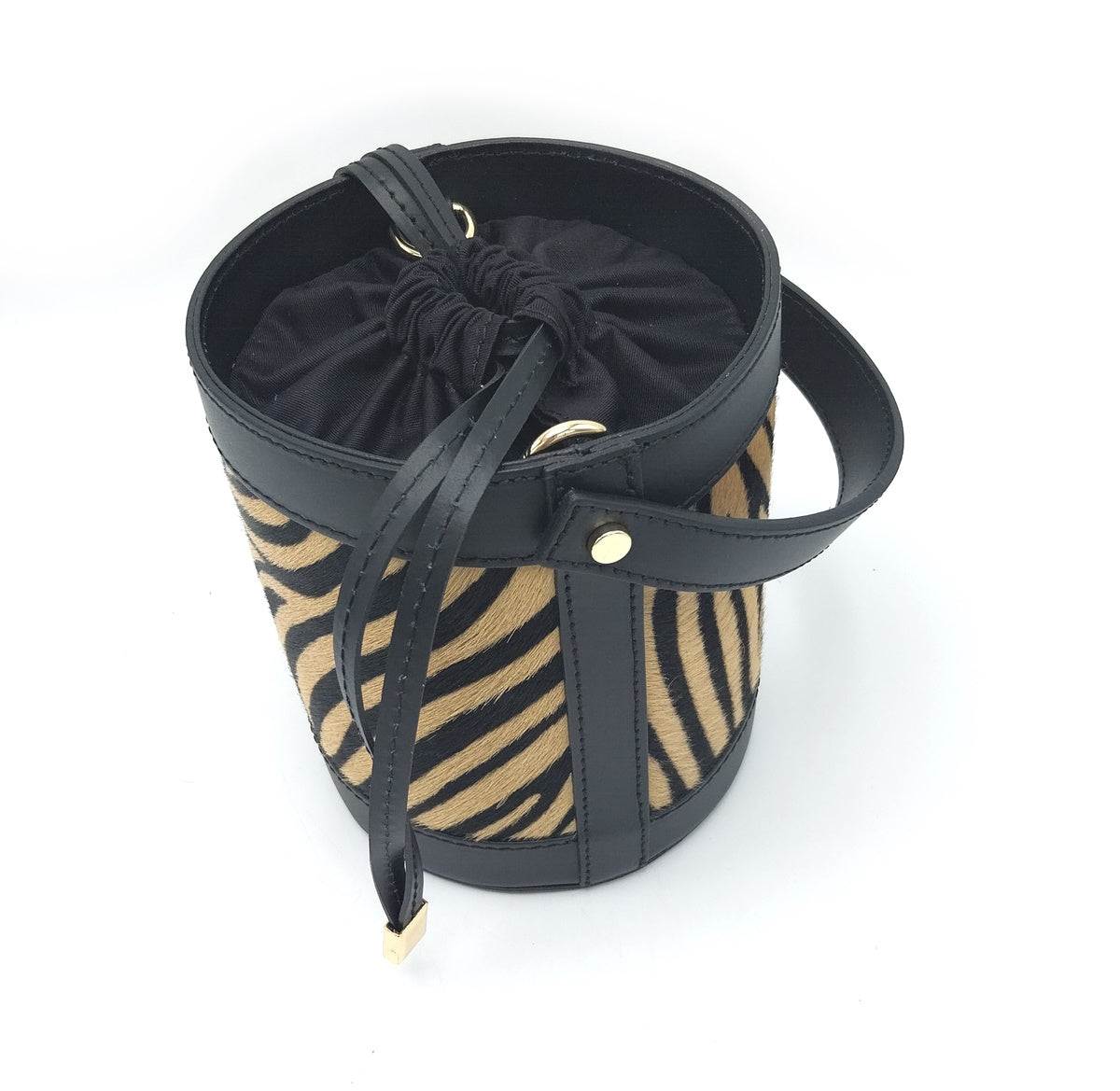 Leather and calf hair bucket bag, Made in Italy, small, art. 112505