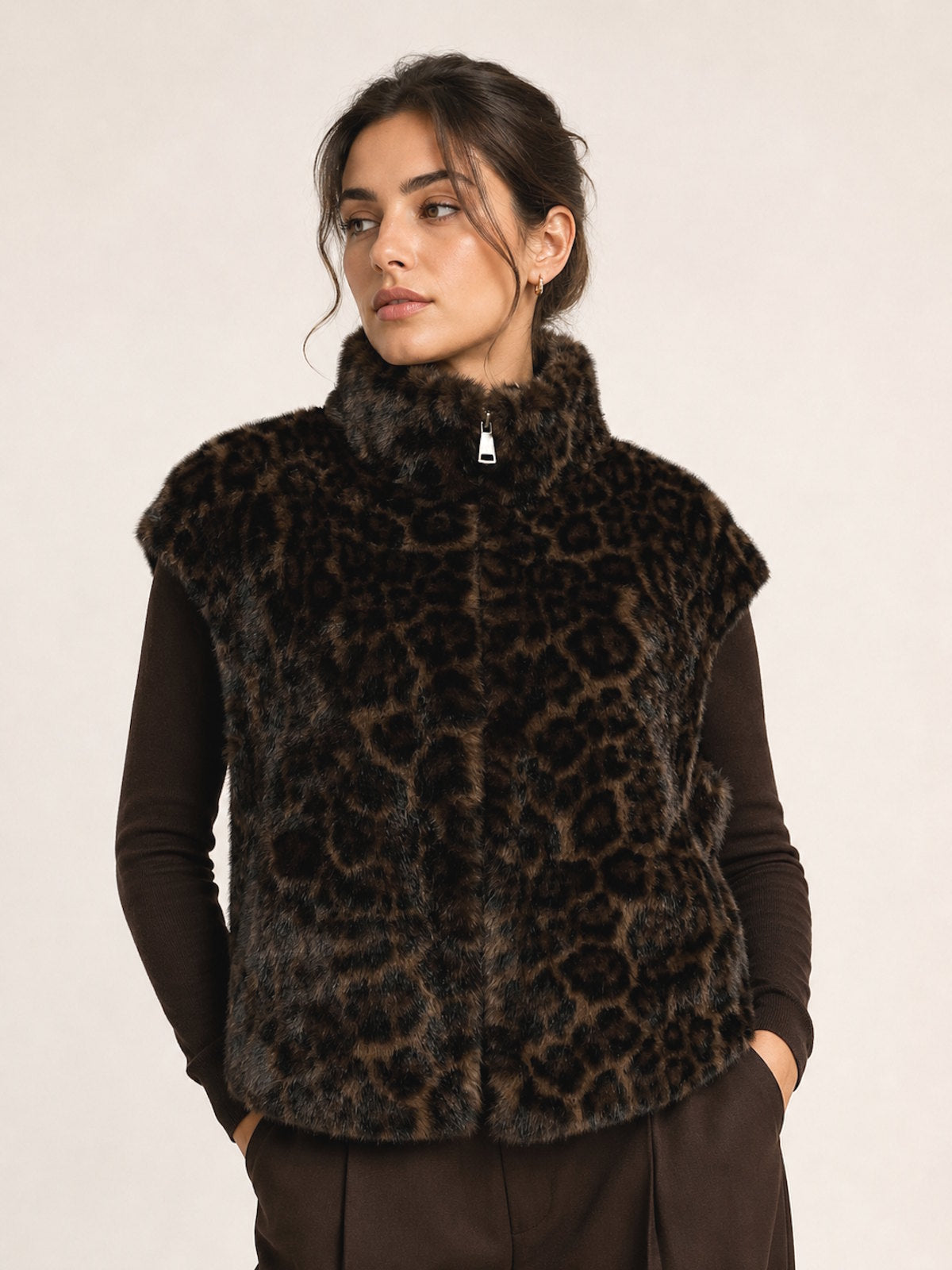 Plush Leopard Faux Fur High-Neck Zip-Up Vest, Fall/Winter, Art. XY-03.532