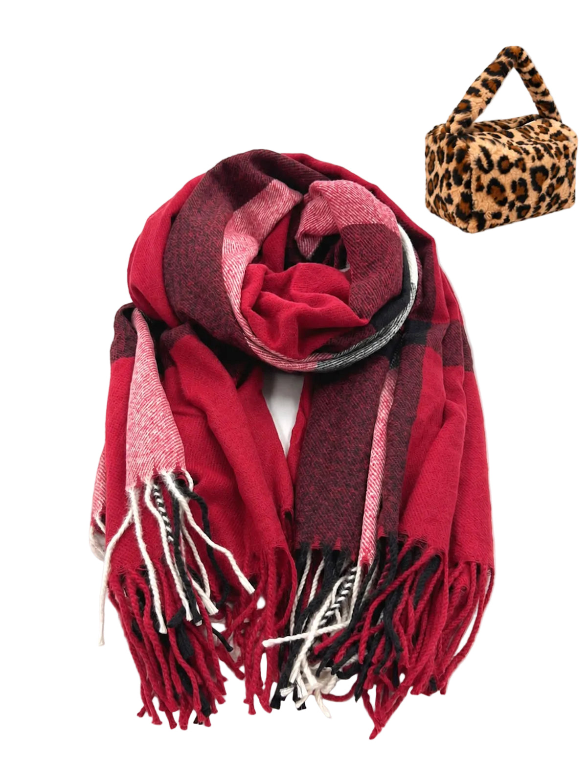 Christmas Gift for Her | Warm Square Print Fringed Scarf with Plush Gift Bag, art. 262086