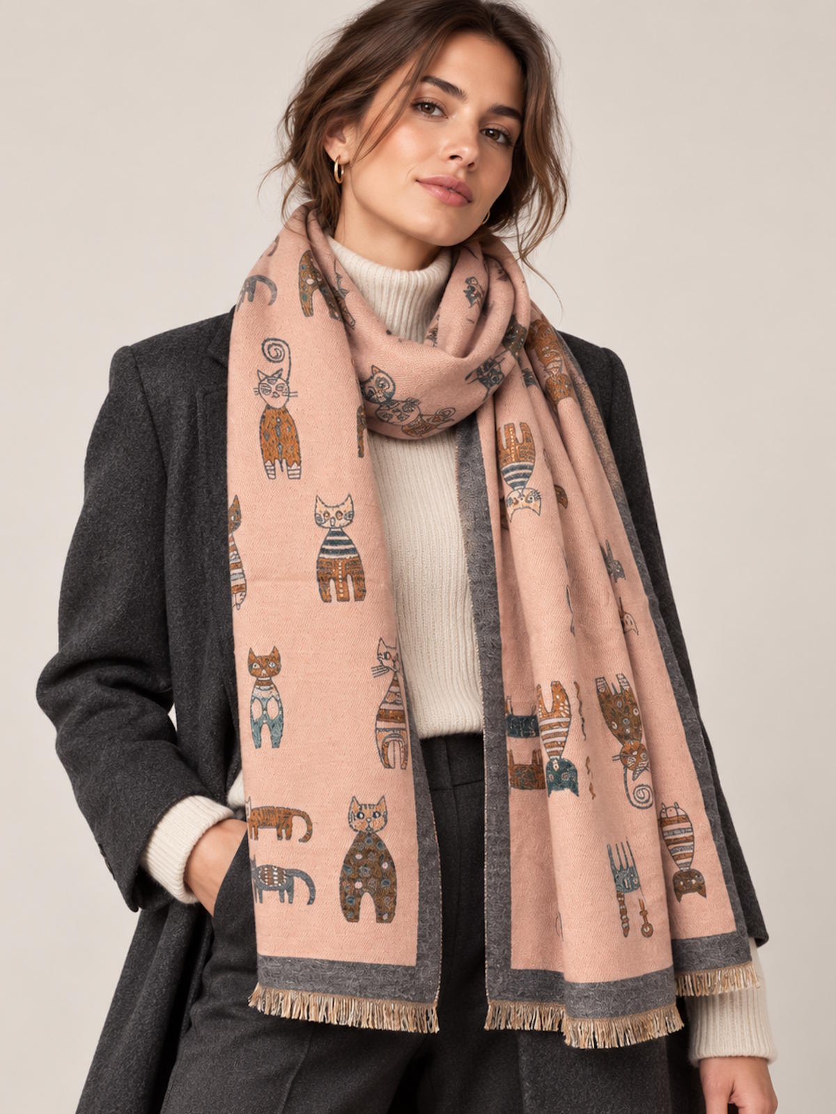 Christmas Gift | Soft Winter Scarf with Cute Cat Pattern & Cashmere-Like Feel, art. 253007